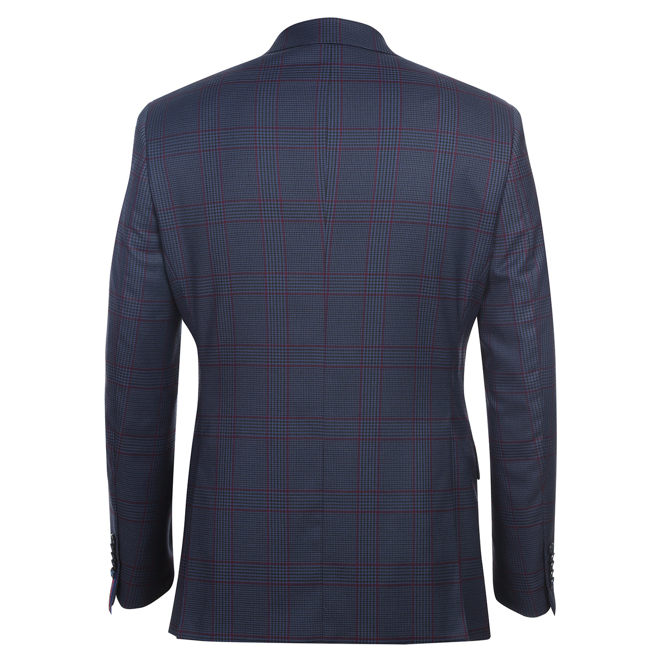 The mannequin displays an ENGLISH LAUNDRY Blue with Burgundy Check Suit, showcasing a slim fit and refined notch lapels. The ensemble is elegantly complemented by a crisp white shirt and a striking red tie, while the two-button closure provides a classic finish.