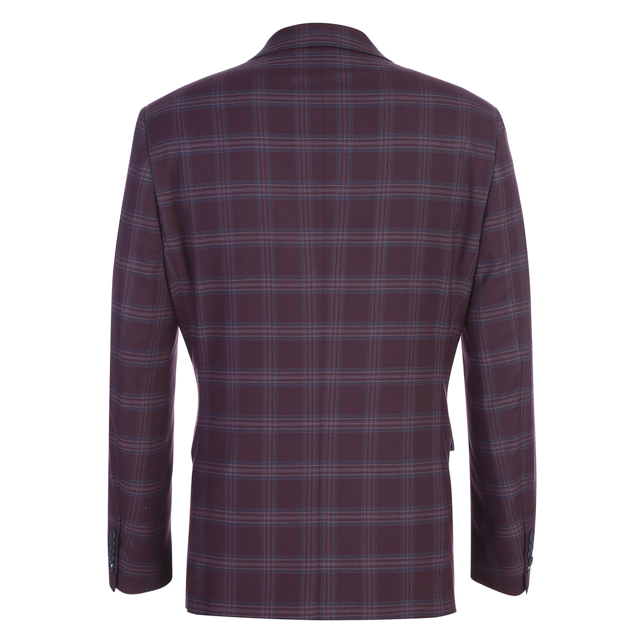 The English Laundry 2pc Suit (Purple, style 32-69-702EL) features a single-breasted jacket with two buttons, notched lapels, flap pockets, and a light blue floral lining.