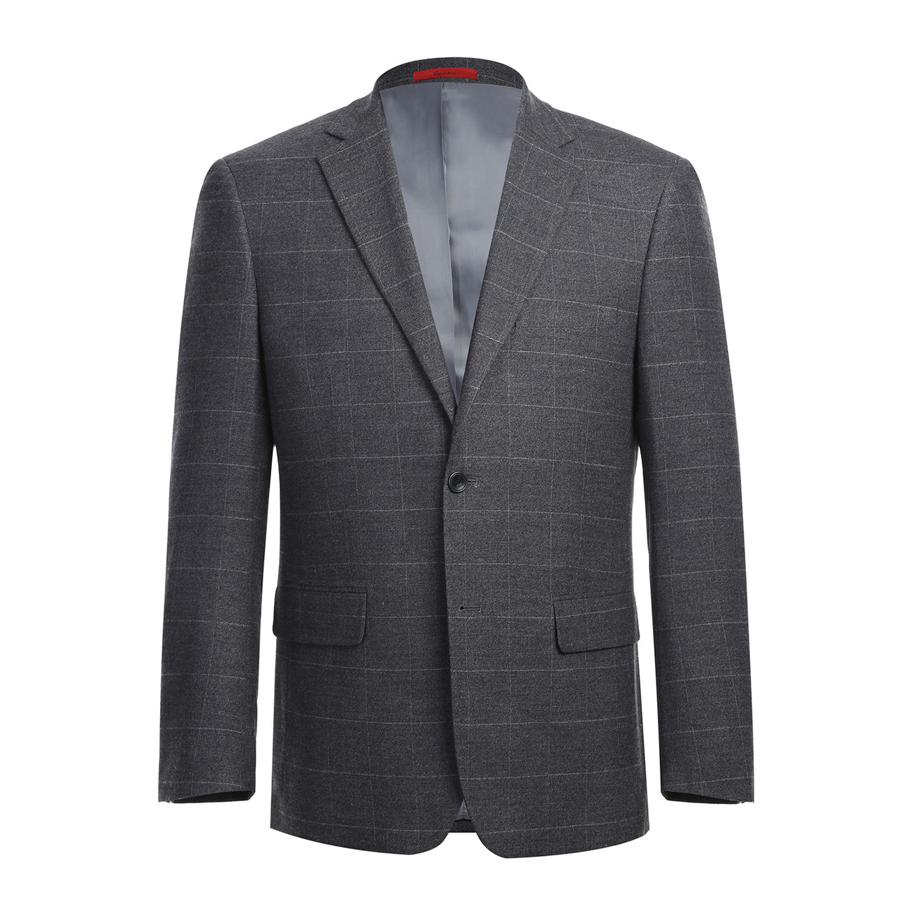 The Renoir Alessandro Vitello New Slim Fit Checked Gray Suit 293-31 is showcased on a mannequin over a white dress shirt with a purple polka dot tie, highlighting its modern elegance for men.