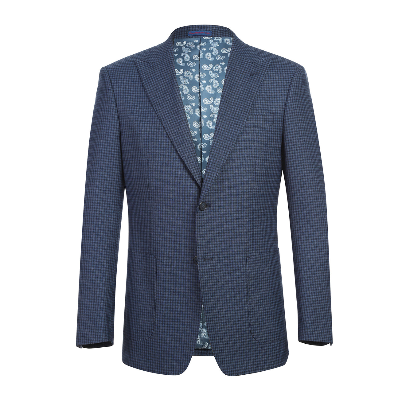 The ENGLISH LAUNDRY Navy Check Suit 22-10-412EL by English Laundry is a slim fit jacket with a two-button closure, styled with a white dress shirt and red patterned tie on a headless mannequin.