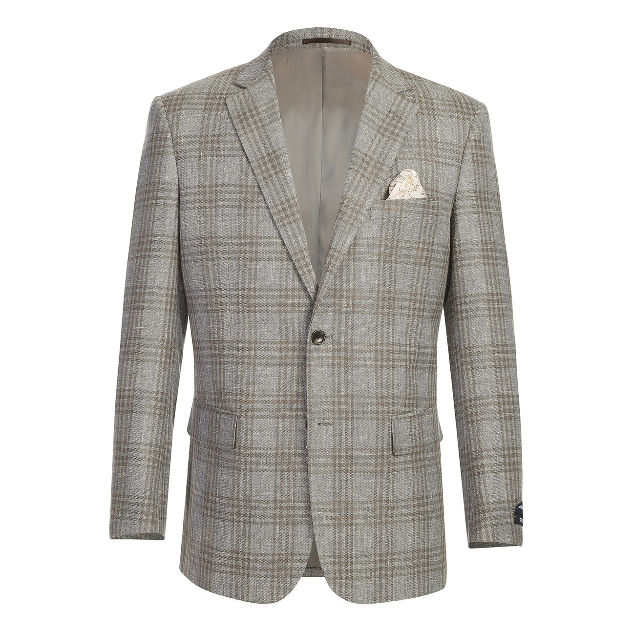 The Renoir Alessandro Vitello Classic Fit Wool Gray Brown Blazer 565-13 is displayed on a mannequin with a notch lapel, matching vest, white dress shirt, beige patterned tie, and pocket square.