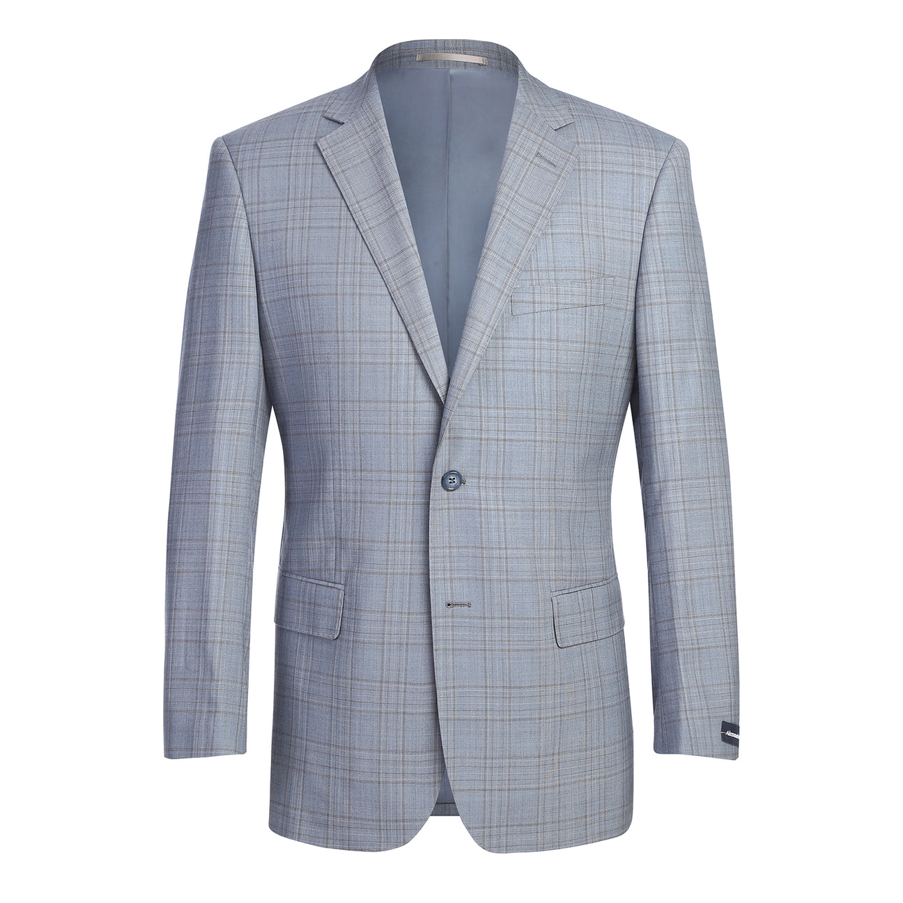 The Renoir Alessandro Vitello by Renoir Classic Fit Wool Blue Suit 568-7, featuring notch lapels, is displayed on a mannequin over a white dress shirt and navy blue patterned tie.
