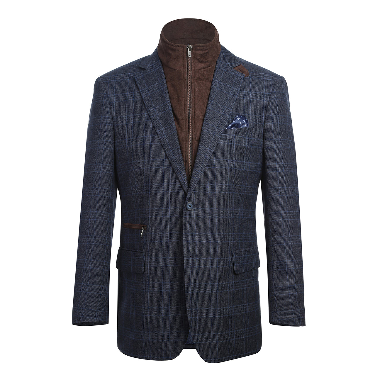 The Alessandro Vitello by Renoir Classic Fit Bib Blue Blazer 294-34, featuring a notch lapel and plaid pattern, is styled with pockets, a patterned pocket square, and worn over a brown zip-up vest.