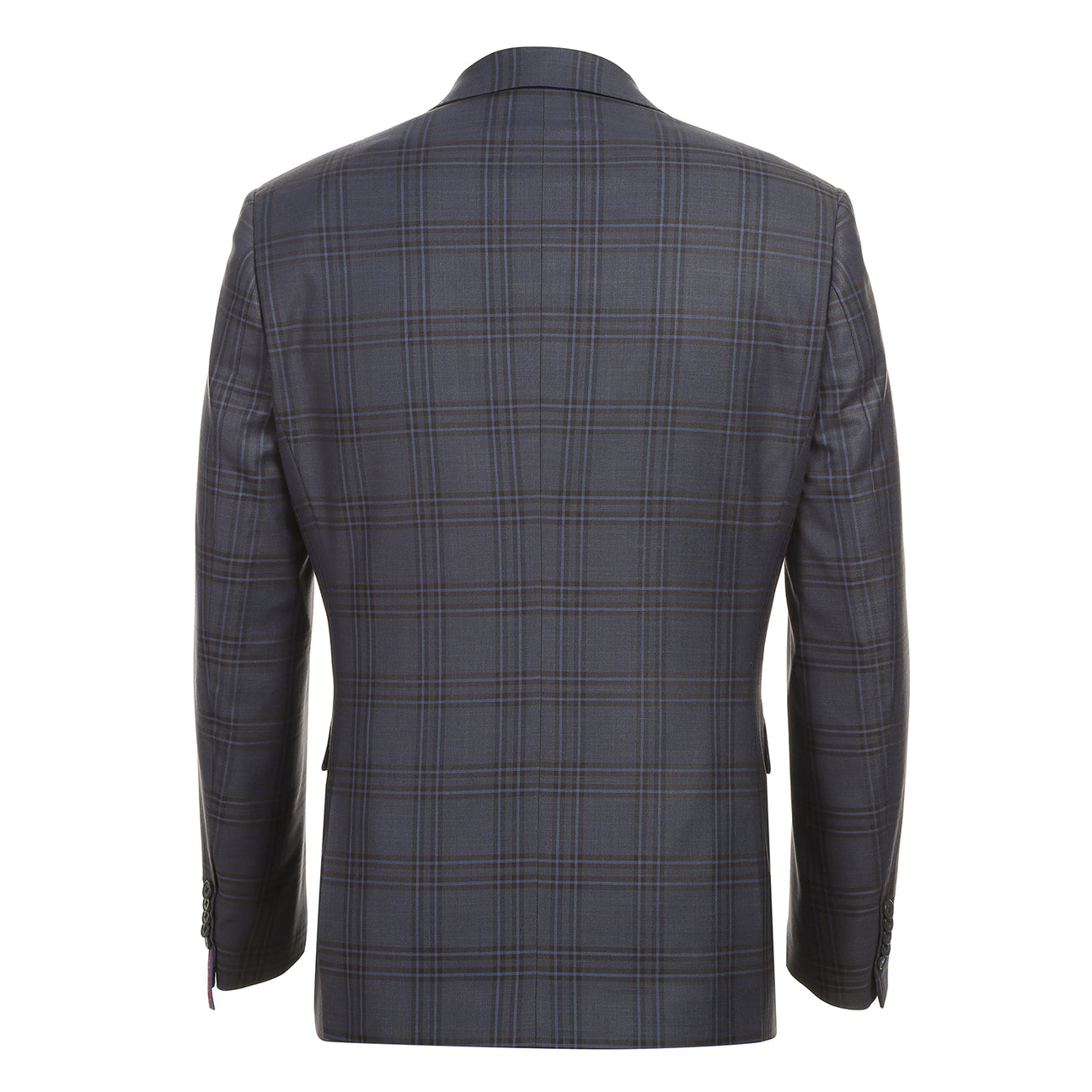 The ENGLISH LAUNDRY Grey Check Suit 12-53-093EL by English Laundry is a men's slim fit grey plaid blazer with two buttons, notched lapels, flap pockets, and a blue tropical-patterned inner lining.