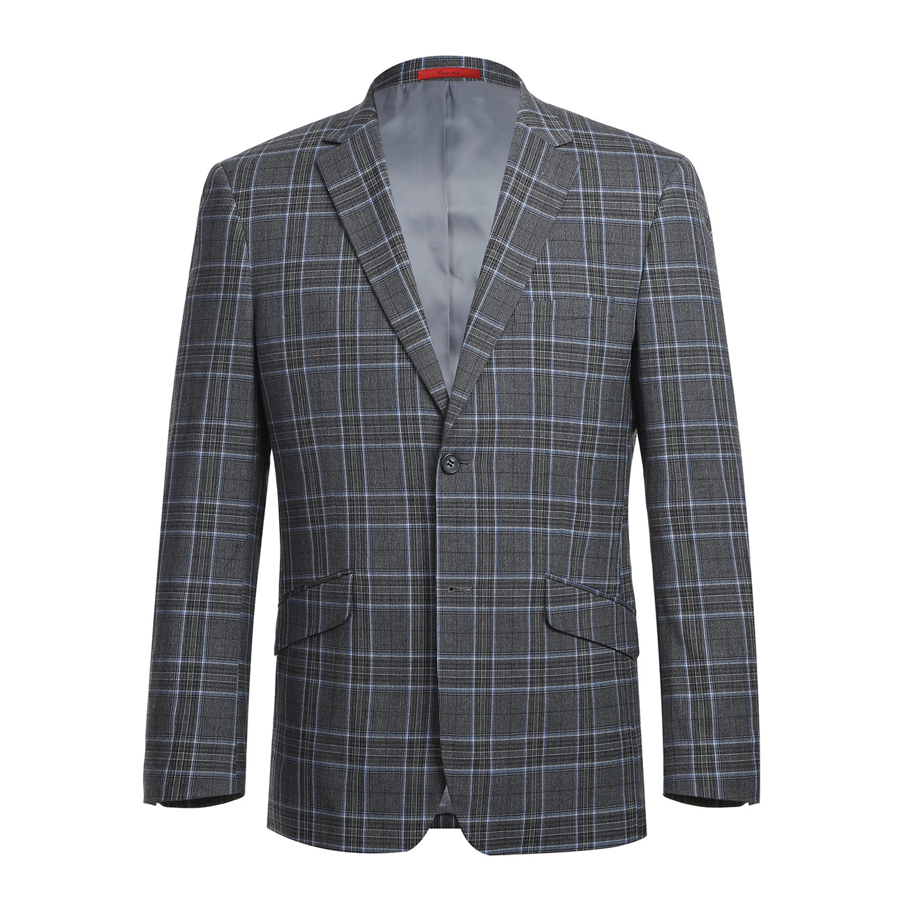 The Alessandro Vitello by Renoir Gray 2-Piece Slim Fit Checked Suit, featuring a single-breasted two-button front, is displayed on a mannequin paired with a white dress shirt and maroon polka dot tie.