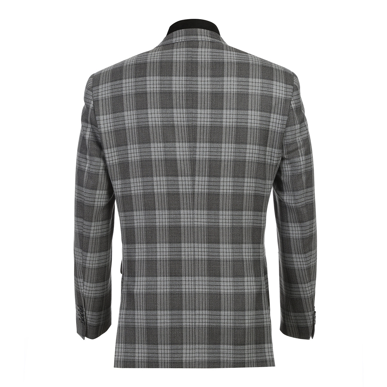 The Alessandro Vitello ALESSANDRO VITELLO Slim Fit Sport Coat 565-8 features a gray plaid wool design with black and white checks, single breasted front, two buttons, flap pockets, and an orange pocket square for a sleek look.