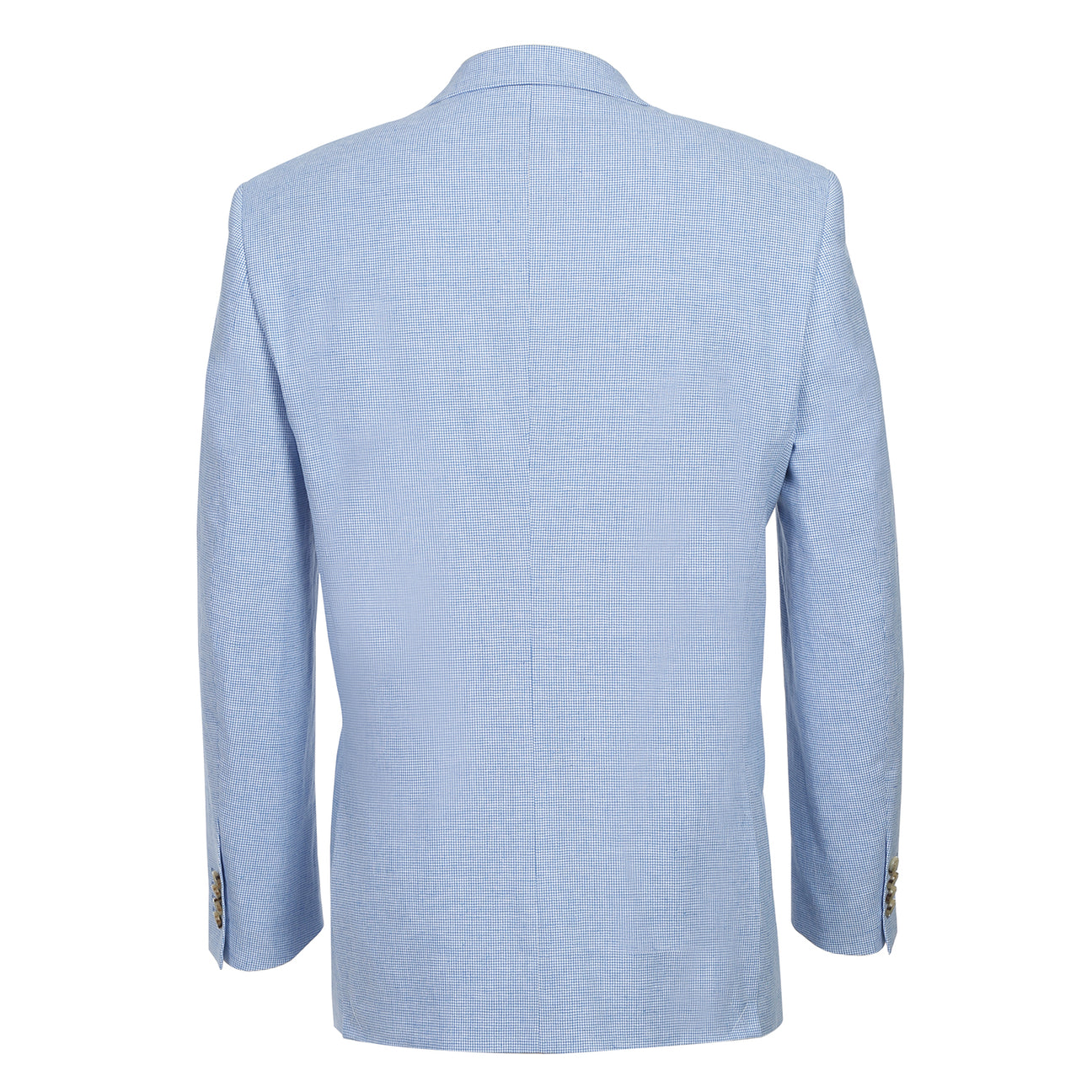 The Alessandro Vitello by Renoir Classic Fit Sport Coat 610-6, a light blue jacket with notch lapel made of linen cotton blend, is showcased on a mannequin with a white shirt and patterned blue tie.