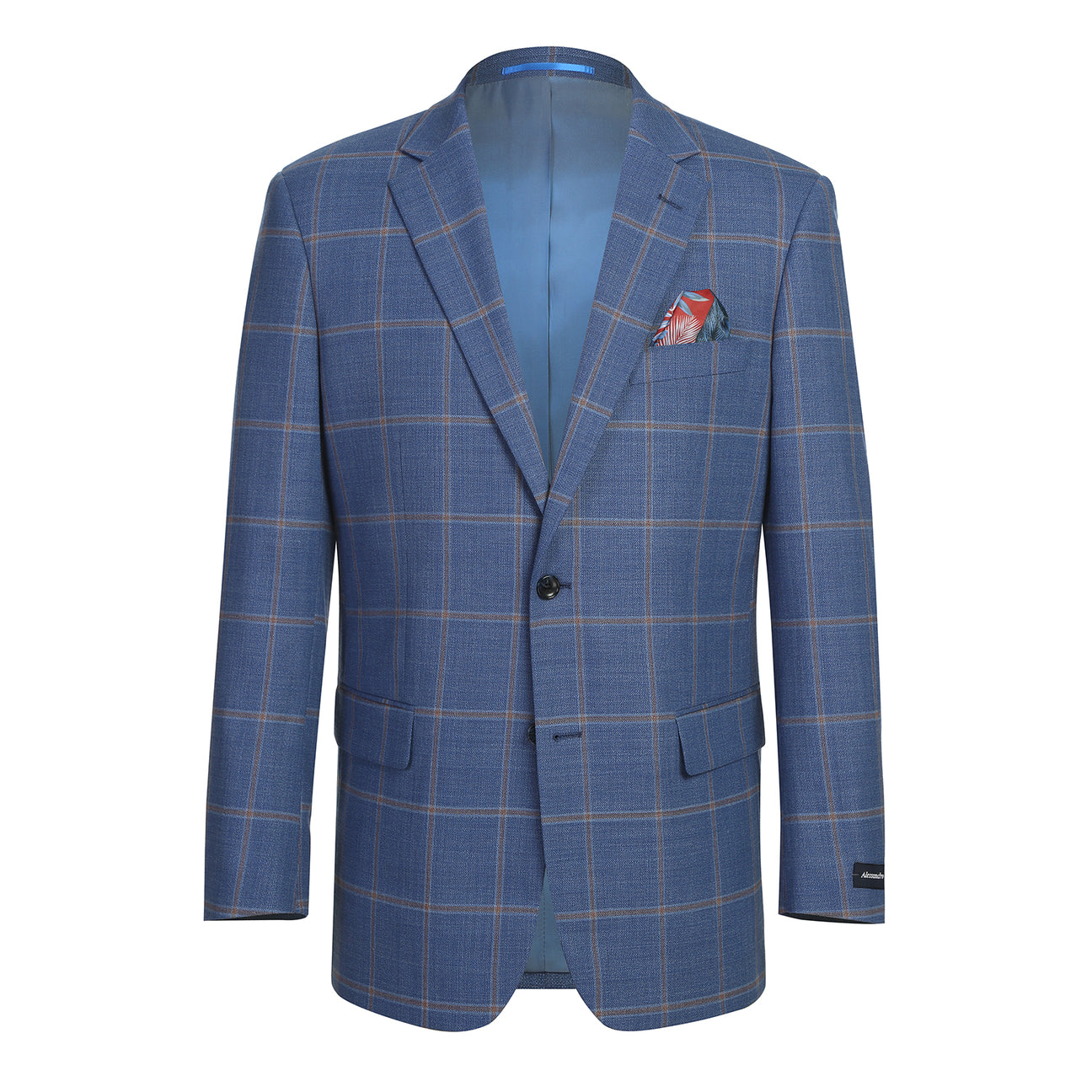 The Alessandro Vitello by Renoir Classic Fit Wool Blue Blazer 565-15 is styled on a mannequin with notch lapels, a white dress shirt, beige tie, and red patterned pocket square.