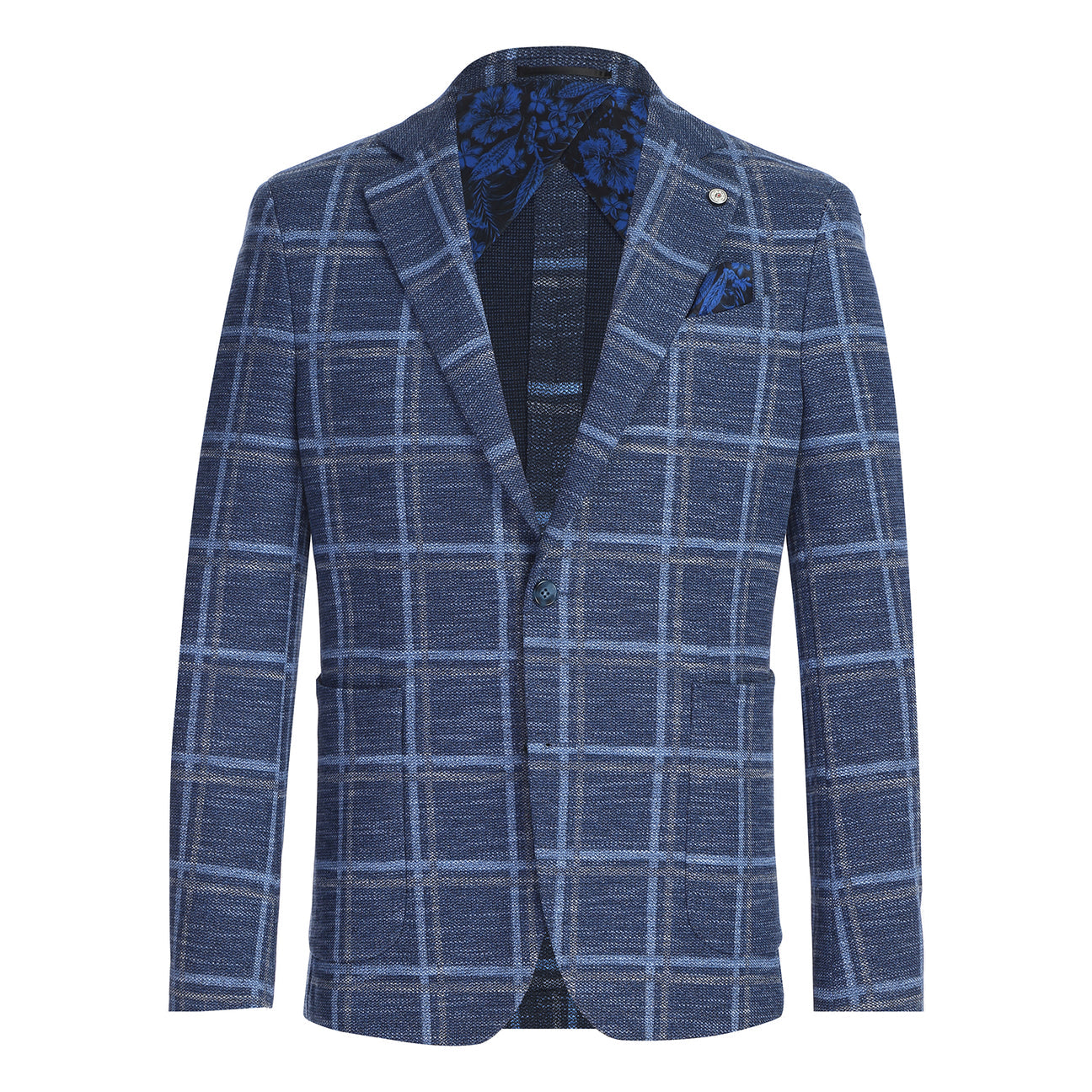 Displayed on a headless mannequin: the Pellagio Navy Blue Men's Slim Fit Riserva Jacket PS26-12, paired with a white dress shirt, orange patterned tie, and blue pocket square.