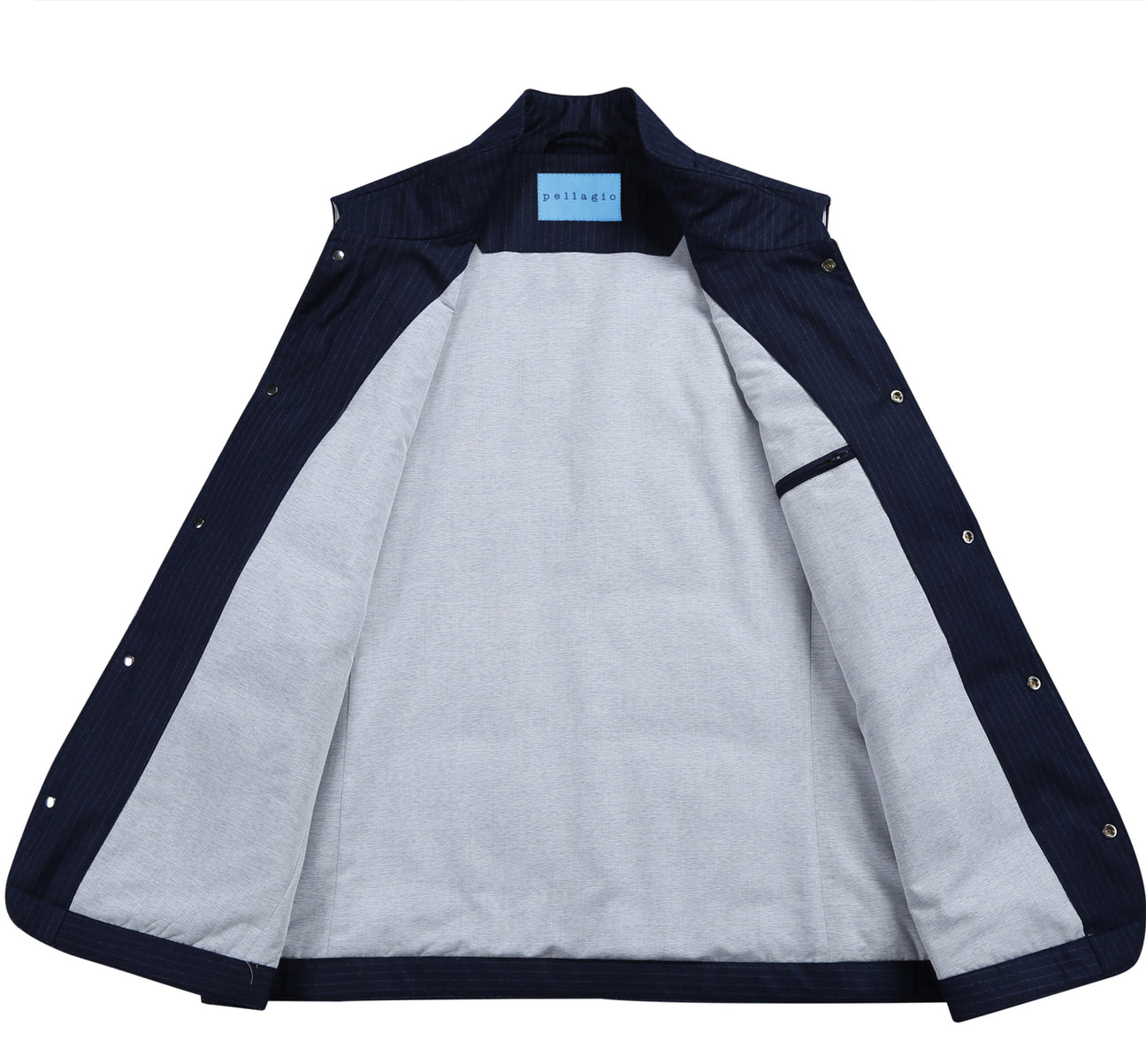 Pellagio Men's Navy Stripes Winter Puffer Wool Vest PF21-13, featuring snap buttons, zippered side pockets, and a chest pocket, is displayed on a plain white background.