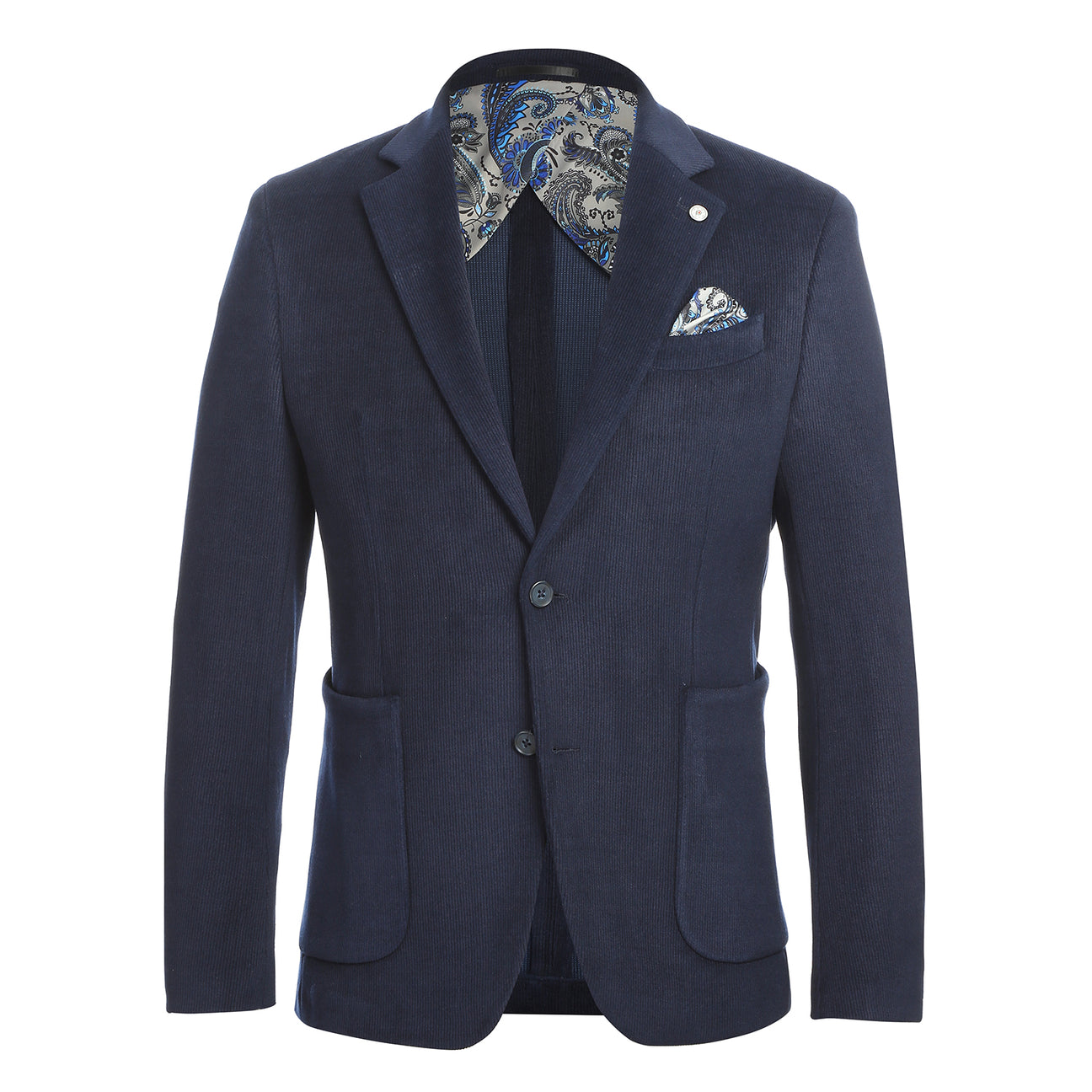 The Pellagio Navy Blue Men's Half Canvas Blazer (PF24-9), featuring a slim fit, single-breasted design, two buttons, and notched lapel, is paired with a crisp white shirt and red polka dot tie. It includes two front pockets and a stylish patterned pocket square.