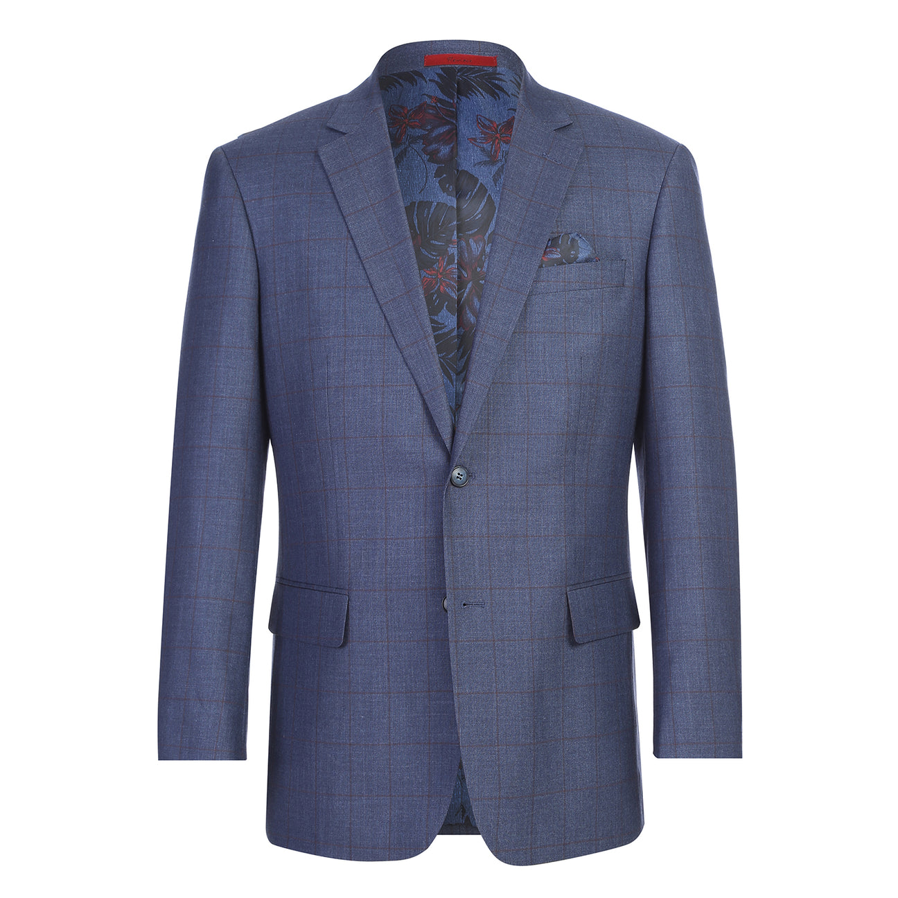 The Alessandro Vitello by Renoir Classic Fit Suit 293-56 features a blue side-vented jacket with a 3-inch notch lapel, flat front pants, four cuff buttons, plus fabric, stitching, and brand label close-ups from Renoir.