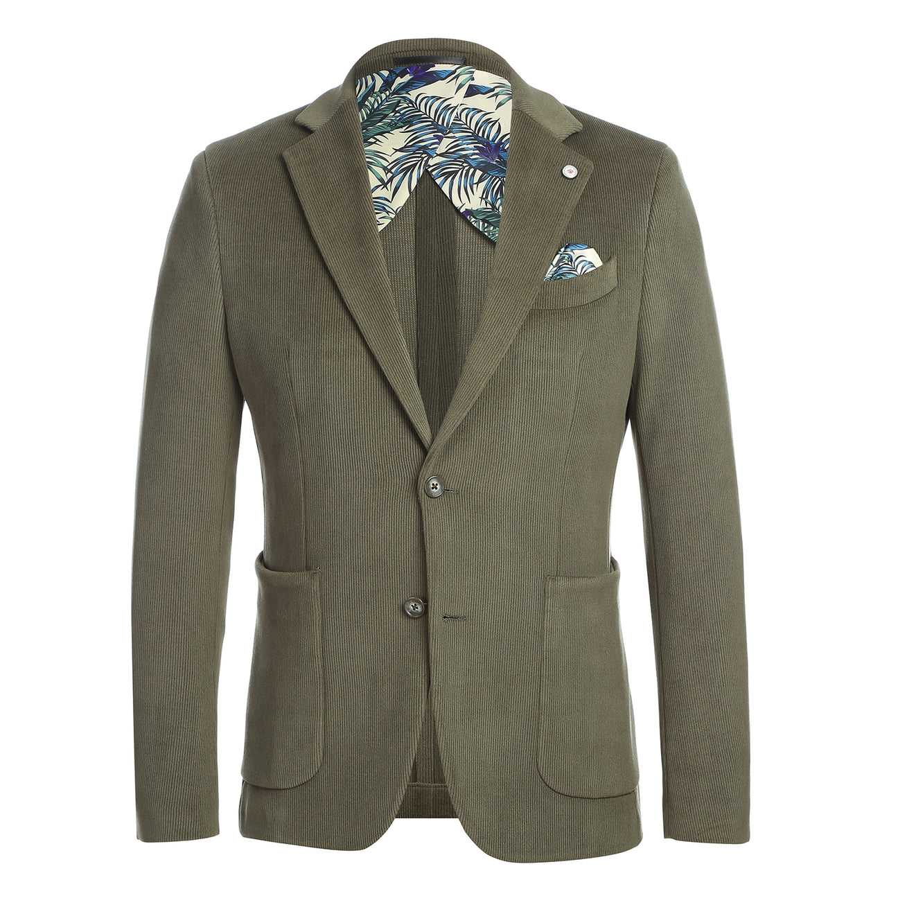 Pellagio Men's Half Canvas Blazer Olive PF24-8 by Pellagio features a slim fit, notched lapel, two-button closure, front patch pockets, and is paired with a striped tie, white dress shirt, and patterned pocket square in the chest pocket.