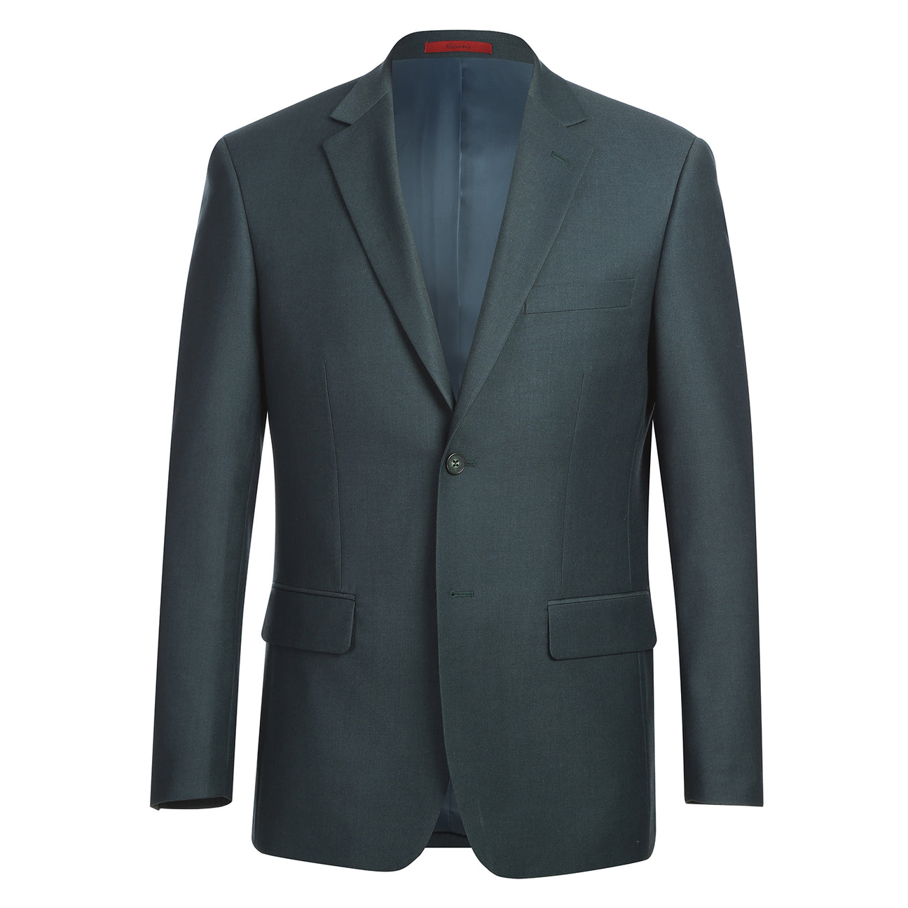 The Renoir Alessandro Vitello 2-Piece New Slim Fit Forest Green Suit (201-13) is shown over a white dress shirt with a blue striped tie, displayed on a mannequin against a white background.