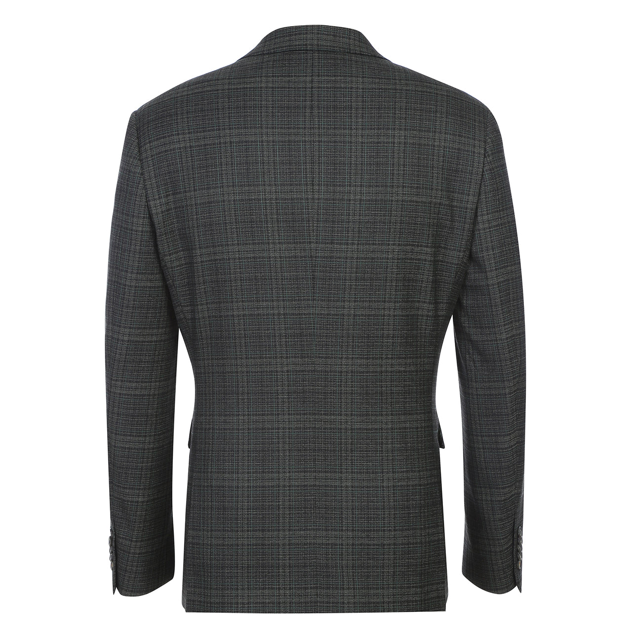 The ENGLISH LAUNDRY 2pc Suit Green 32-24-001EL by English Laundry is a dark plaid men's blazer featuring notch lapels, two-button closure, flap pockets, and a green tropical leaf print lining.