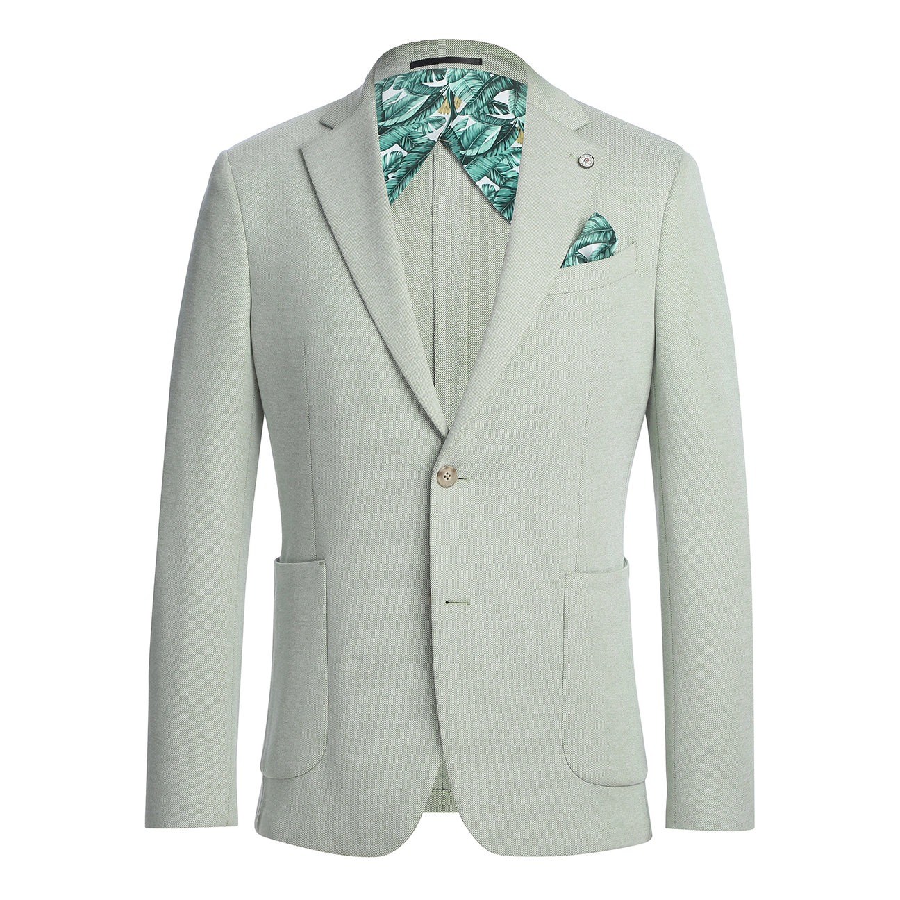 The Pellagio Light Green Men's Slim Fit Riserva Jacket PS26-3, styled on a mannequin with a white shirt, striped tie, and green pocket square, offers a sharp and modern look from the Pellagio brand.