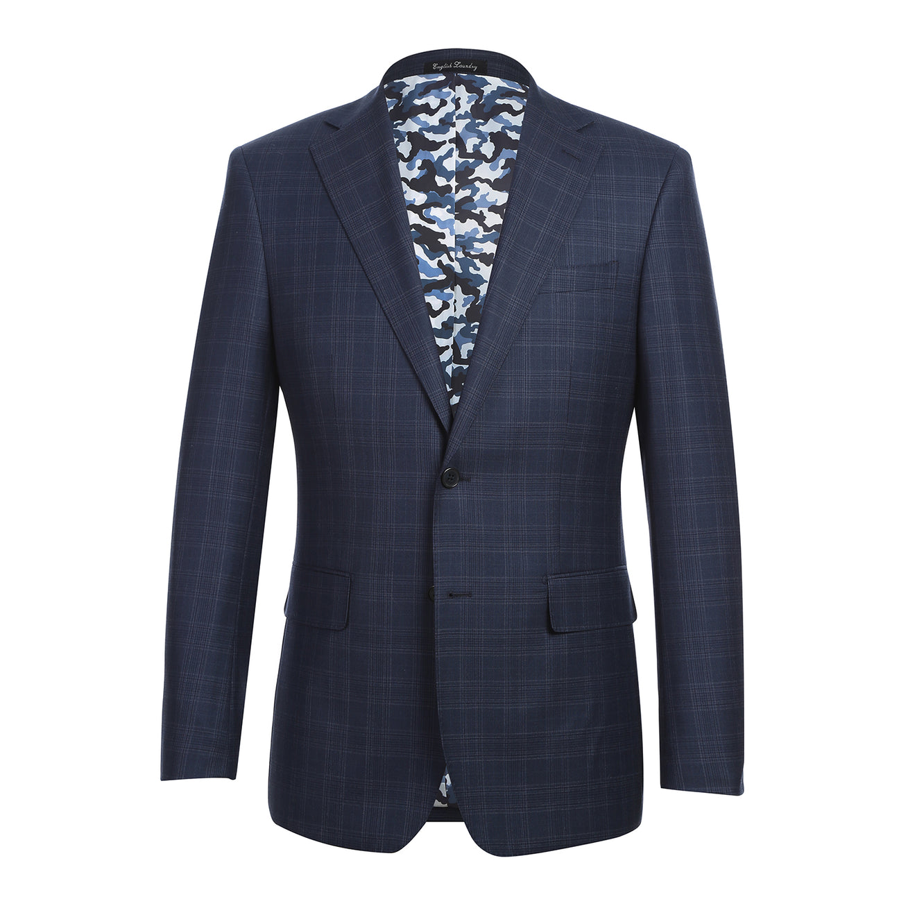 The ENGLISH LAUNDRY Blue Check Suit EL12-50-410 by English Laundry features a classic blue check pattern with notch lapels, paired with a white dress shirt and red patterned tie—an elegant, timeless men's style.
