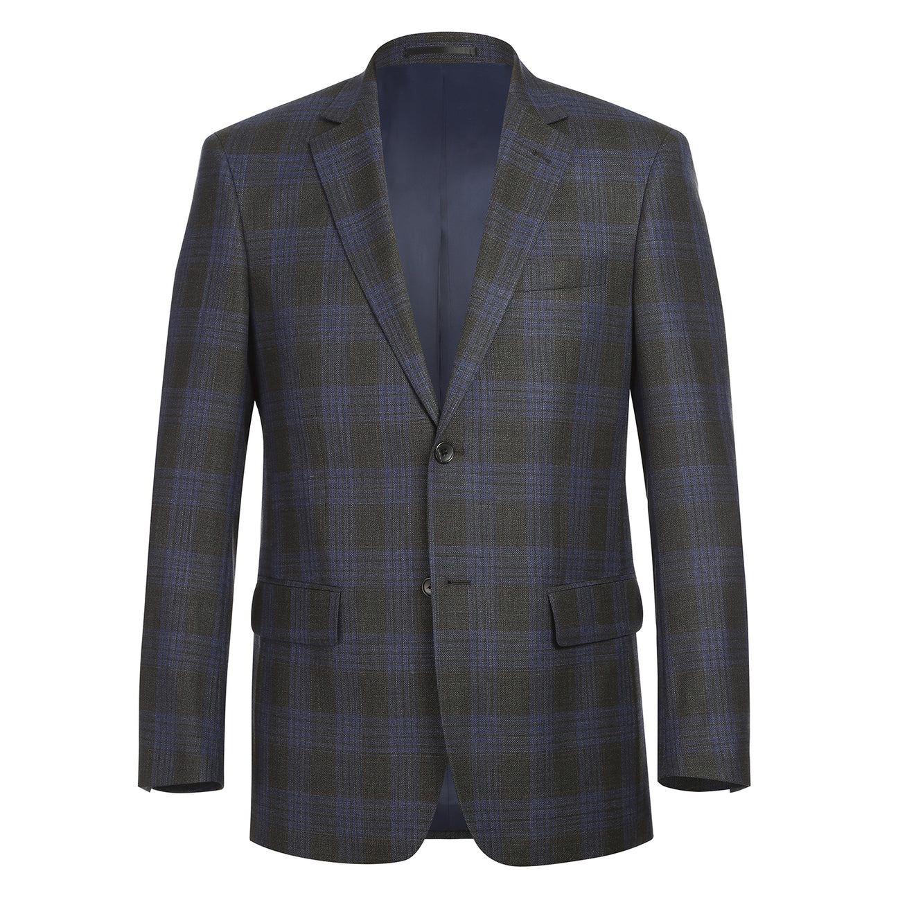 The Alessandro Vitello by Renoir New Slim Fit Wool Gray Blue Blazer 565-12, a stylish wool blend jacket from Renoir, is shown on a mannequin paired with a white dress shirt and blue patterned tie.