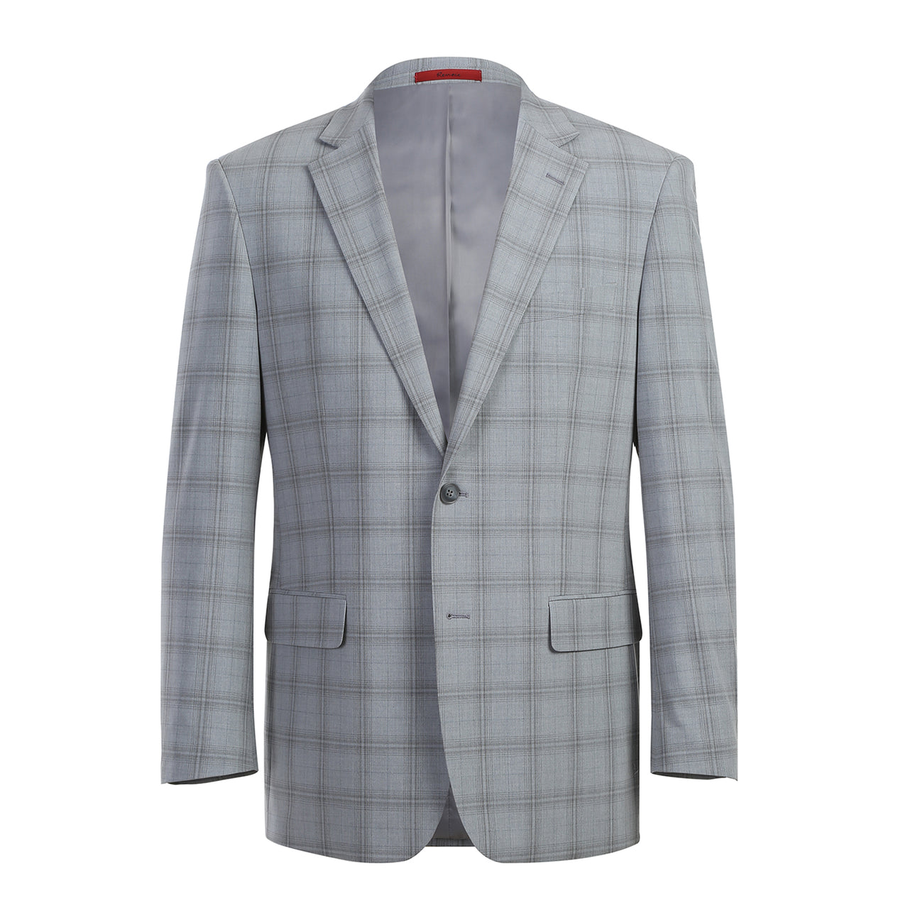 The Alessandro Vitello by Renoir Light Gray Classic Fit Suit (293-33), featuring a men's two-button jacket with notch lapels, is styled with a white dress shirt and patterned orange tie on a mannequin.