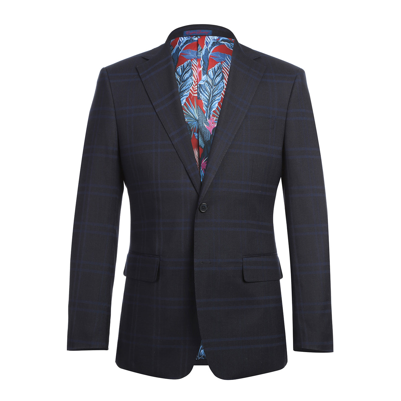 The ENGLISH LAUNDRY Navy Check Suit 22-20-410EL by English Laundry features a slim fit jacket with notched lapels, two-button closure, white dress shirt, and blue patterned tie—perfect for any formal occasion.
