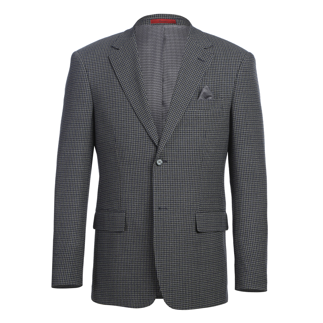 The Alessandro Vitello by Renoir New Slim Fit Brown Blue Blazer 294-38, featuring a modern design, is displayed on a mannequin over a white dress shirt and striped tie.