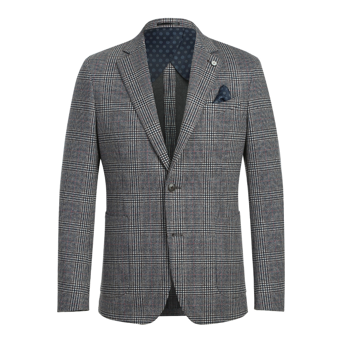 The Pellagio Men's Half Canvas Light Gray Blazer PF23-13 is showcased on a mannequin, styled with a white shirt and dark patterned tie, exuding sophistication with its slim fit design.