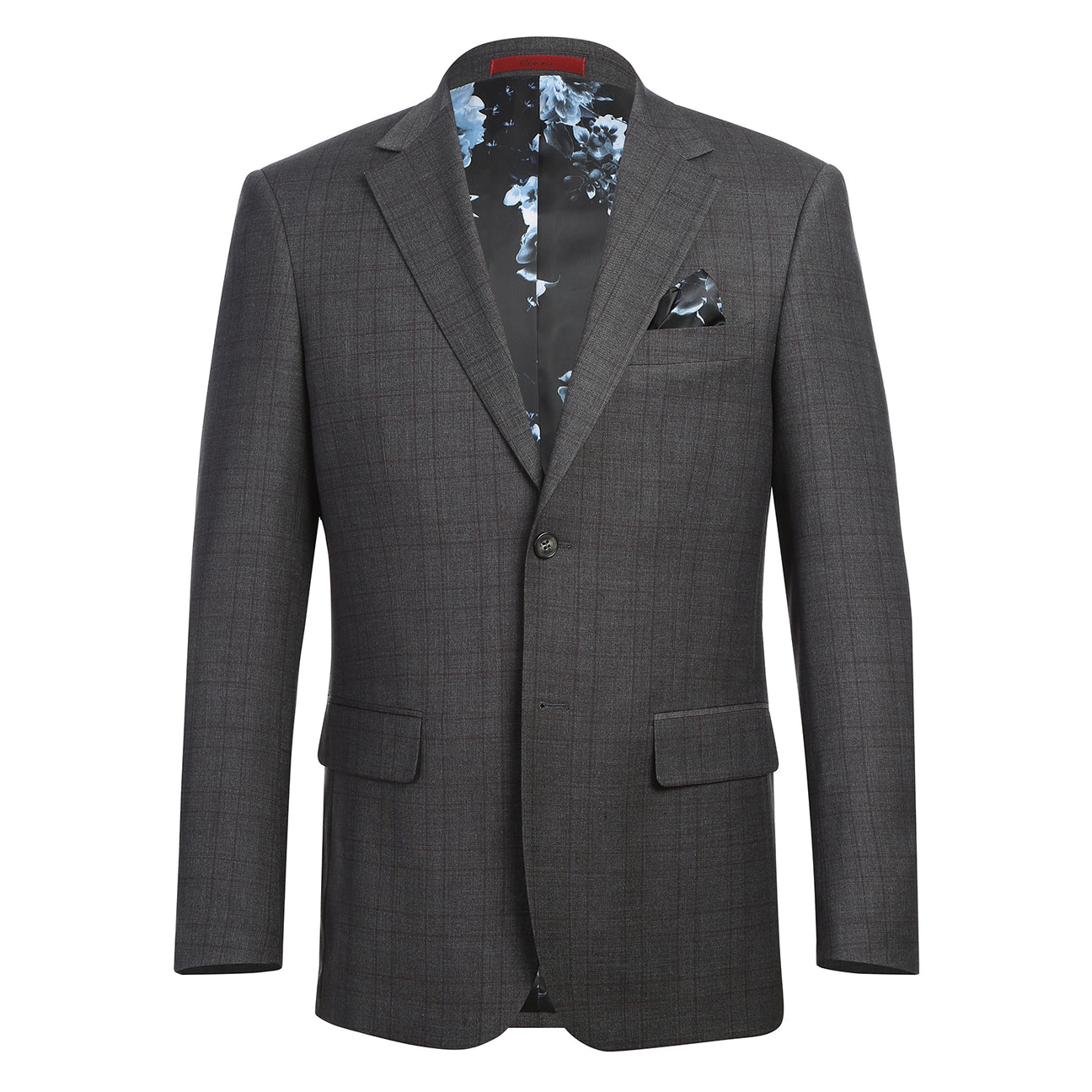 The Alessandro Vitello by Renoir New Slim Fit Gray Suit 293-47 is displayed on a mannequin, featuring a dark gray plaid design, polyester-rayon-spandex blend, paired with a white shirt, red patterned tie, and pocket square.