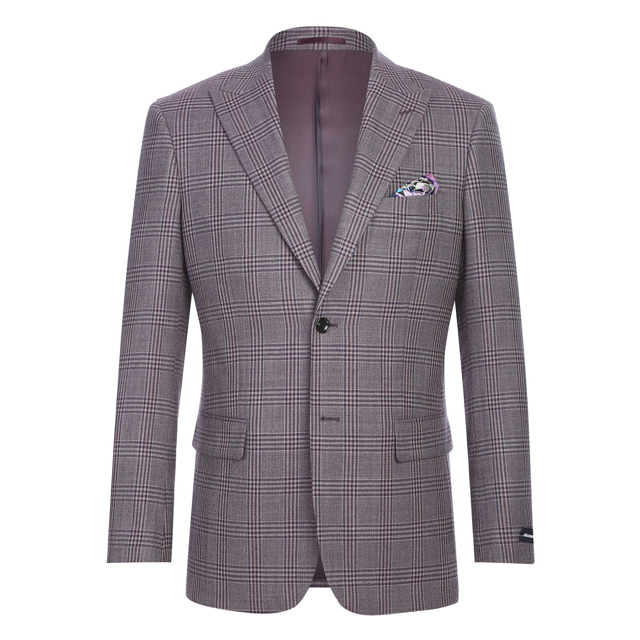 The Alessandro Vitello by Renoir New Slim Fit Wool Purple Blazer 567-2 features a purple plaid design with a notch lapel, shown paired with a white shirt, purple tie, and pocket square; crafted from 100% wool with close-up fabric and label details.