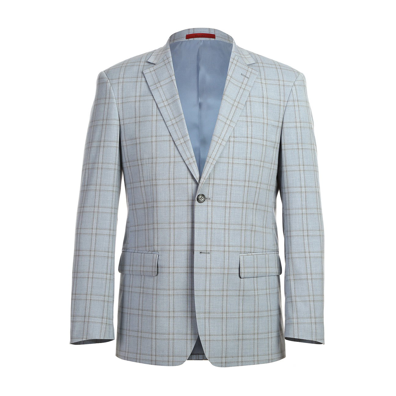 The Renoir Alessandro Vitello Blue 293-40 slim fit suit jacket, paired with a white shirt and red patterned tie, is elegantly displayed on a mannequin.