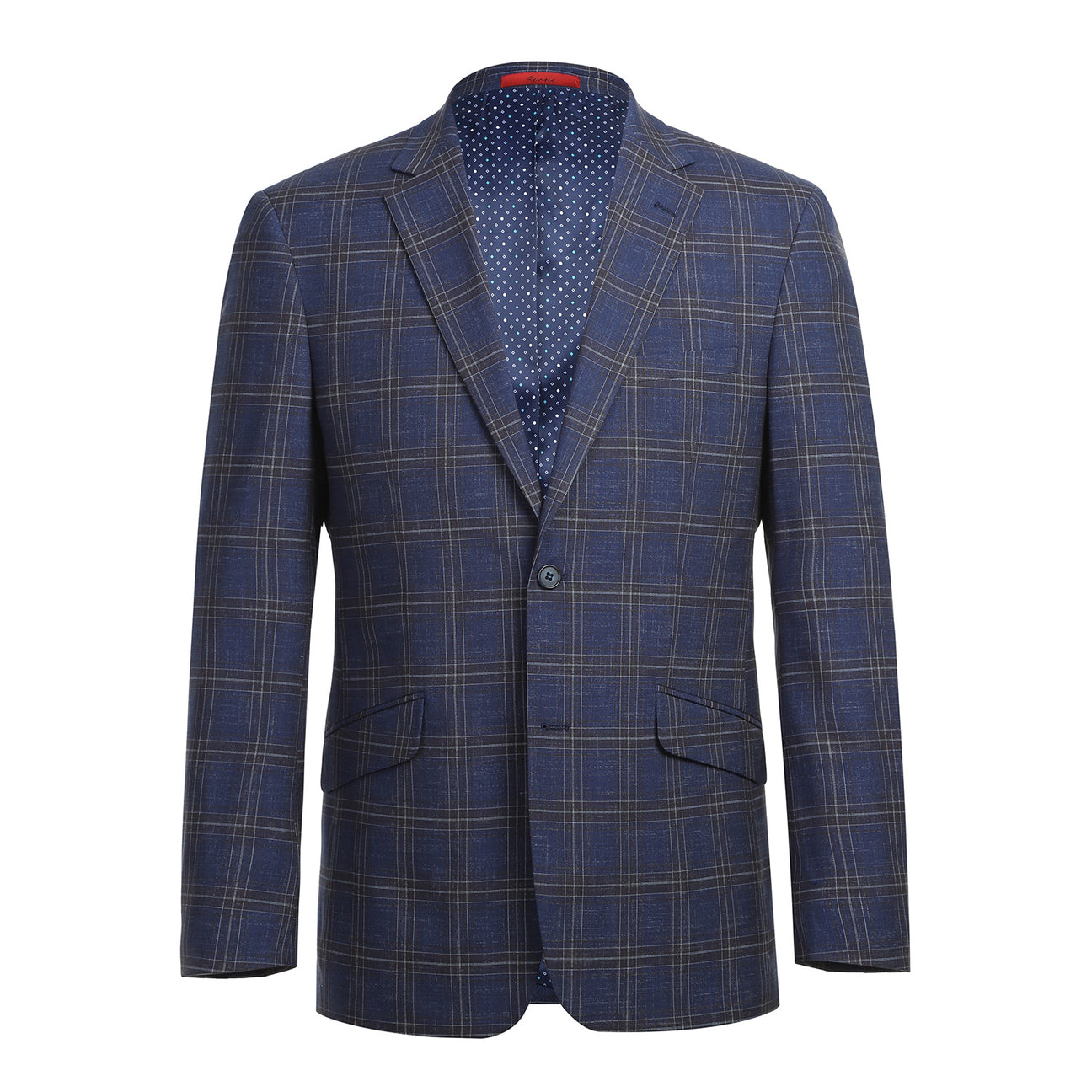 The Alessandro Vitello by Renoir Blue Slim Fit Side Vented Blazer 294-19, styled with a white shirt and purple polka dot tie, is elegantly displayed on a mannequin.
