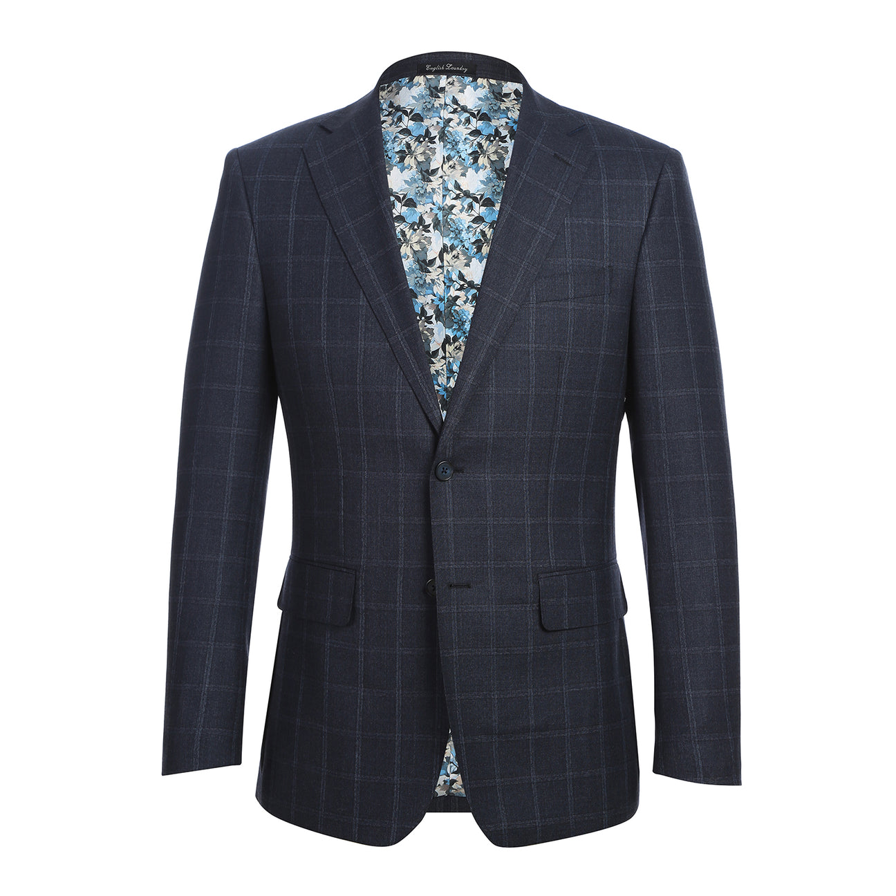 The ENGLISH LAUNDRY Navy Check Suit EL12-52-412 by English Laundry features a modern slim fit, shown here styled on a mannequin with a white dress shirt and striped tie for a sharp contemporary look.