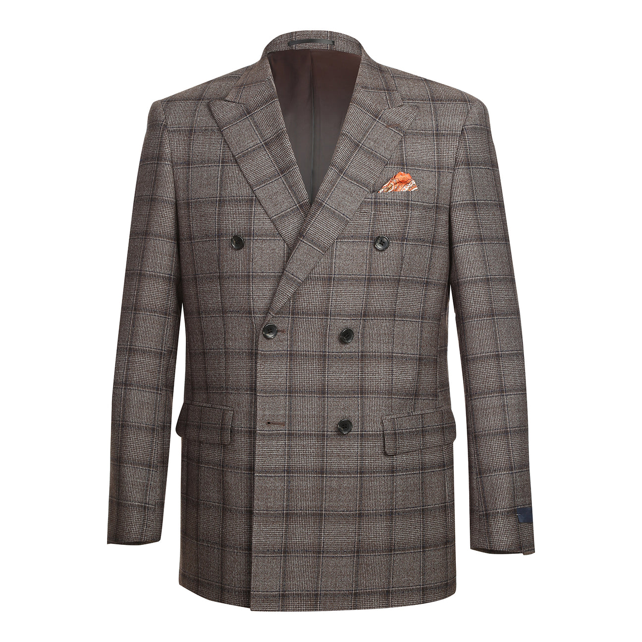 The Alessandro Vitello ALESSANDRO VITELLO New Slim Fit Wool Brown Suit 565-7, tailored in a slim fit, is styled with a white shirt, red striped tie, and orange pocket square on a mannequin.
