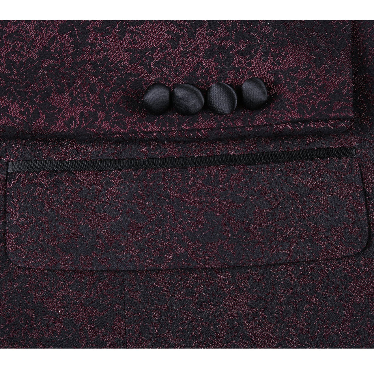 Close-up of the Renoir Alessandro Vitello Slim Fit Burgundy Tuxedo Blazer 290-5, featuring a black lapel, red patterned fabric, red inner lining, and an "Italy Style" label inside the collar.