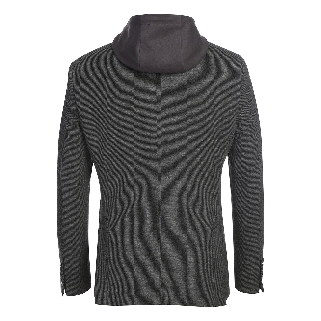 The Pellagio Removable Bib/Hoodie JKT PF25-12 is a dark grey tailored jacket by Pellagio, featuring a detachable hoodie, polyester-rayon-spandex blend, button accents, an inner pocket with a patterned handkerchief, and fabric swatches.