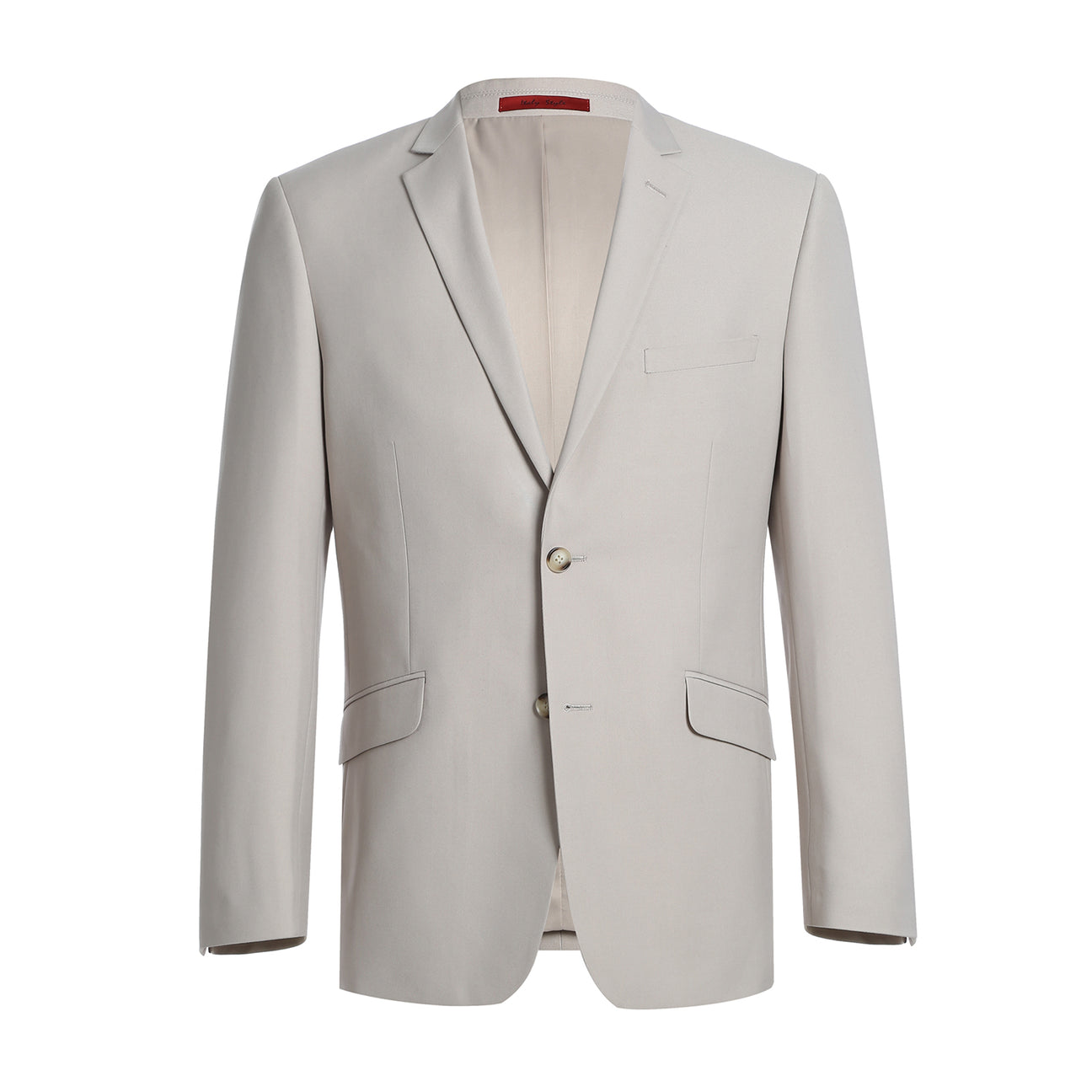 An Alessandro Vitello by Renoir beige slim fit two-piece single-breasted notch lapel suit jacket, featuring two buttons, is styled on a mannequin over a white shirt with a black polka-dot tie.