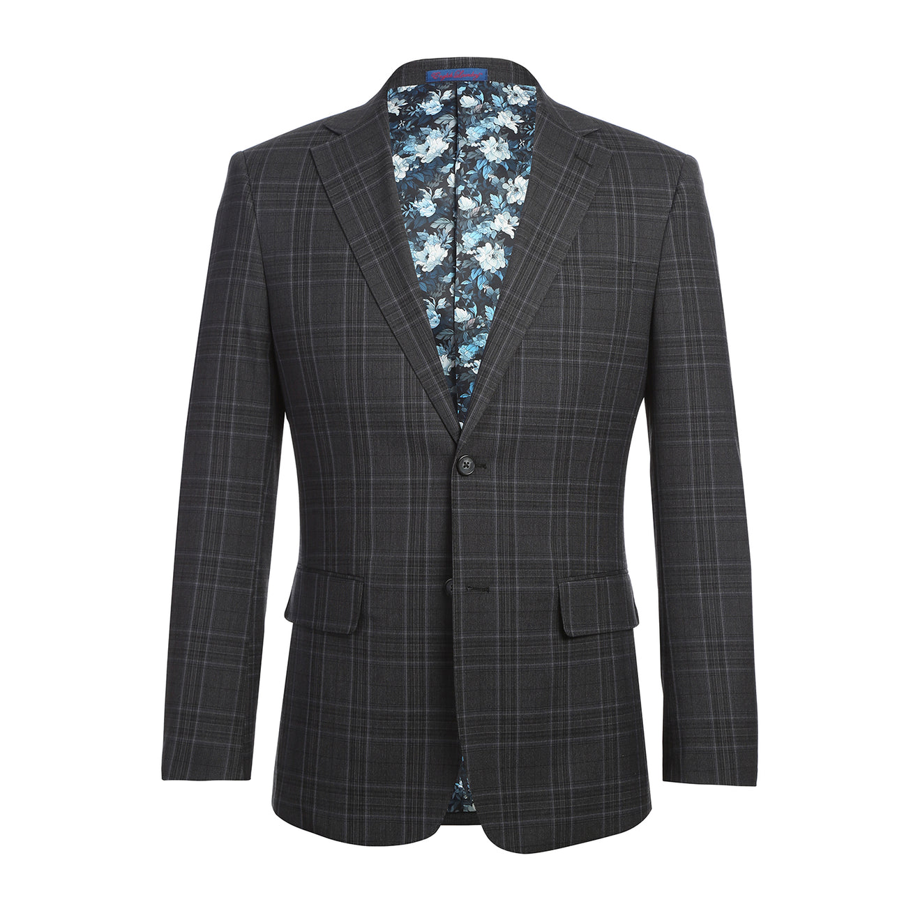 The ENGLISH LAUNDRY Dark Gray Check Suit 22-57-095EL by English Laundry features a slim fit, black and gray plaid design with a two-button closure, styled over a white shirt and blue patterned tie on a mannequin.