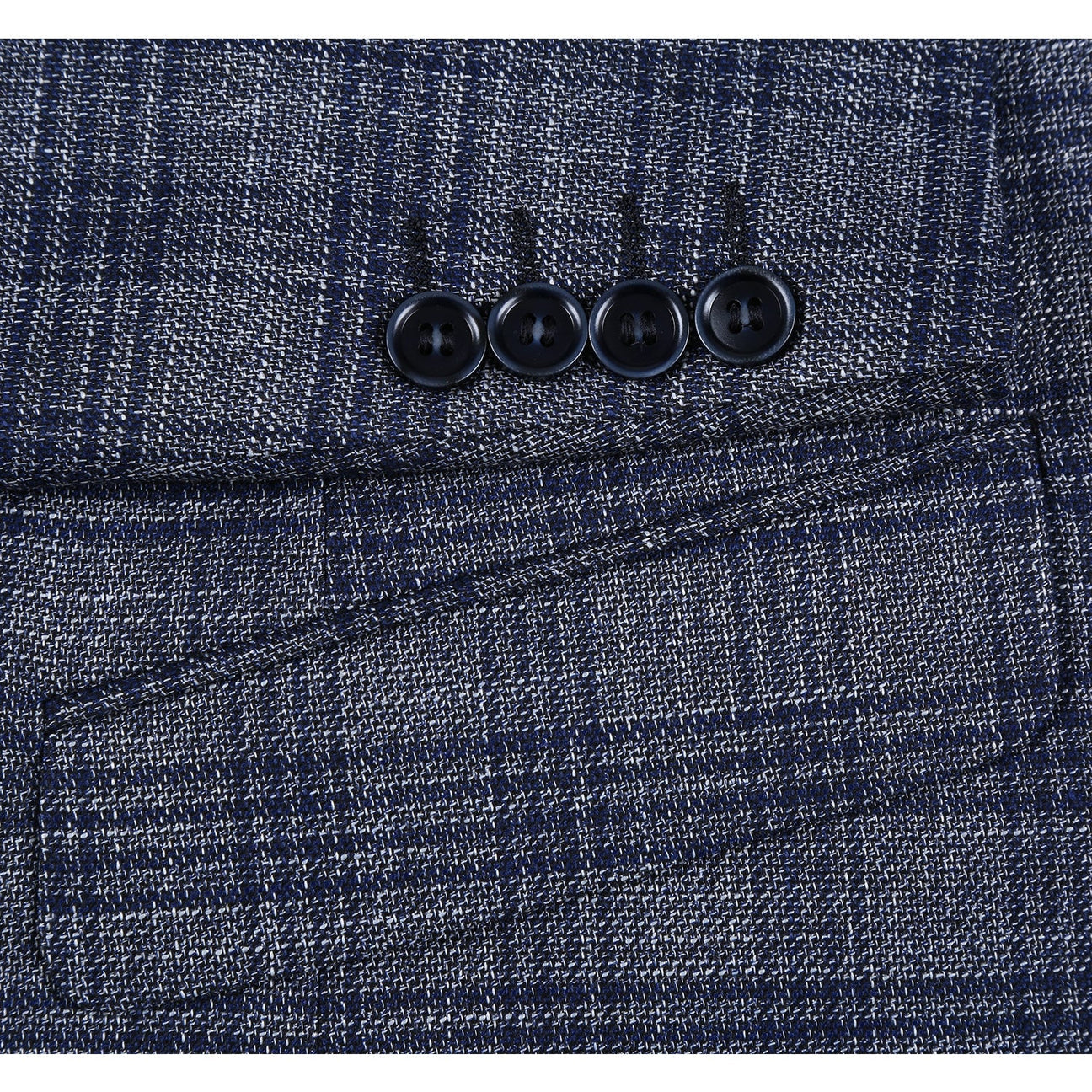 The Alessandro Vitello by Renoir Slim Fit Stretch Checked Blazer Gray 294-13, a single-breasted gray plaid blazer with notch lapels and two buttons, is elegantly styled on a mannequin with a white dress shirt, blue striped tie, and matching pocket square.