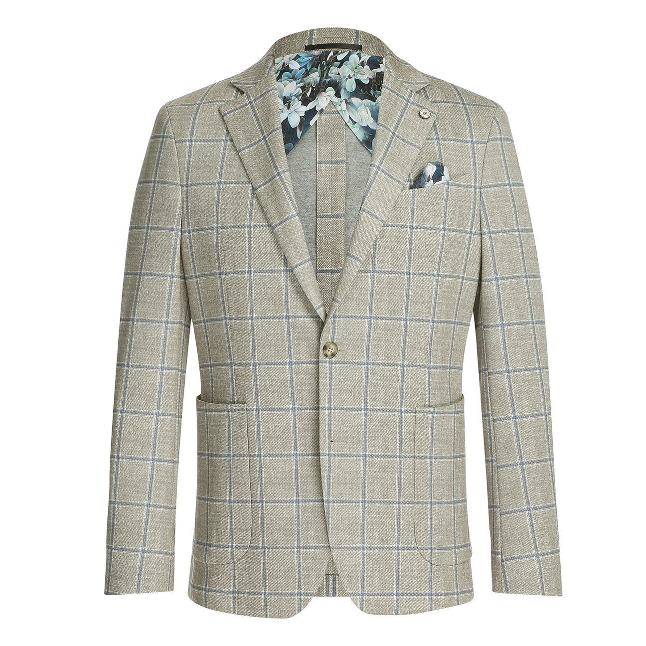 The Pellagio Green Men's Slim Fit Riserva Jacket PS26-5 by Pellagio is displayed on a mannequin with a white dress shirt, dark patterned tie, and pocket square.