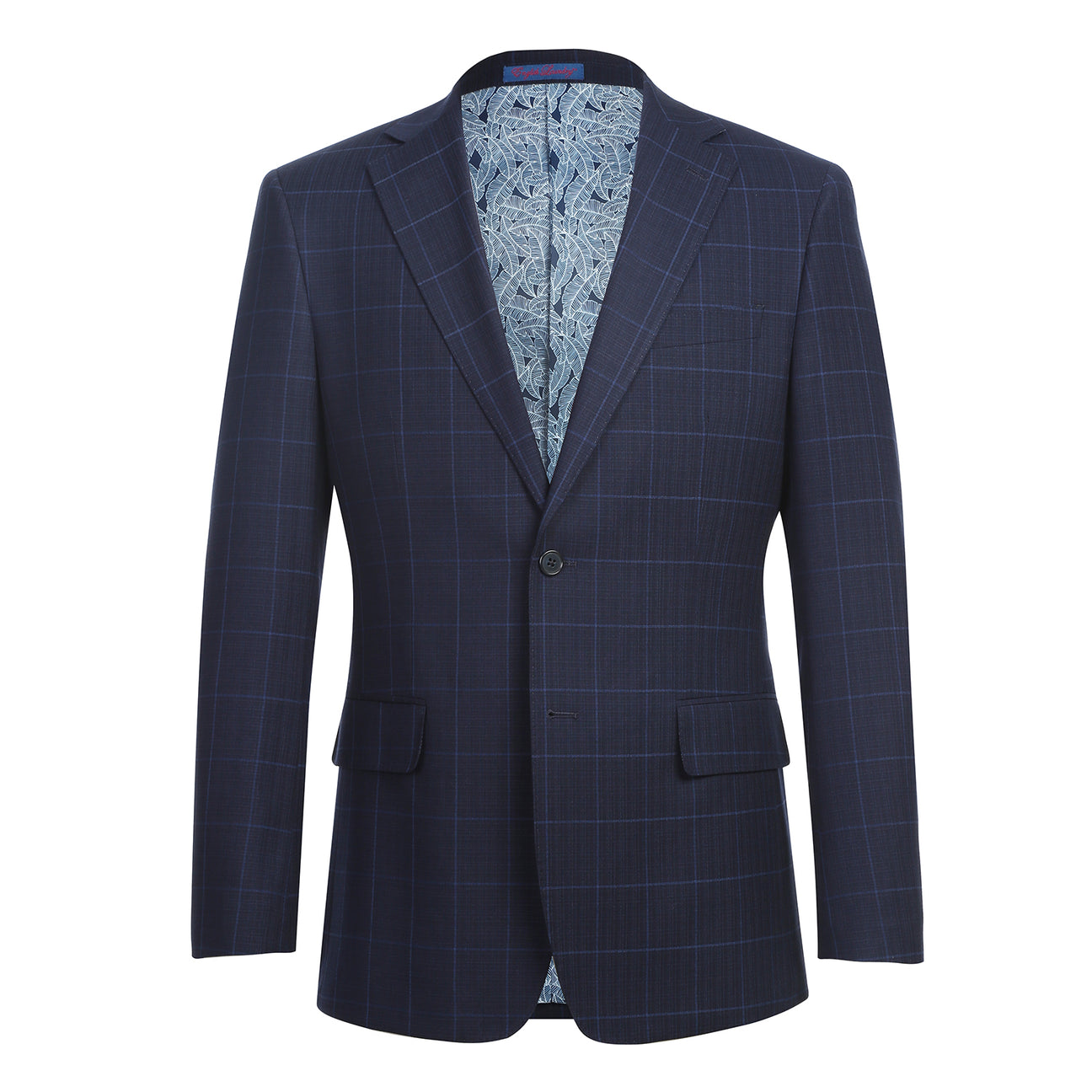 The ENGLISH LAUNDRY Midnight Blue Check Suit 12-55-410EL by English Laundry, featuring a slim fit jacket with notch lapels, is paired with a white dress shirt and red patterned tie on display.