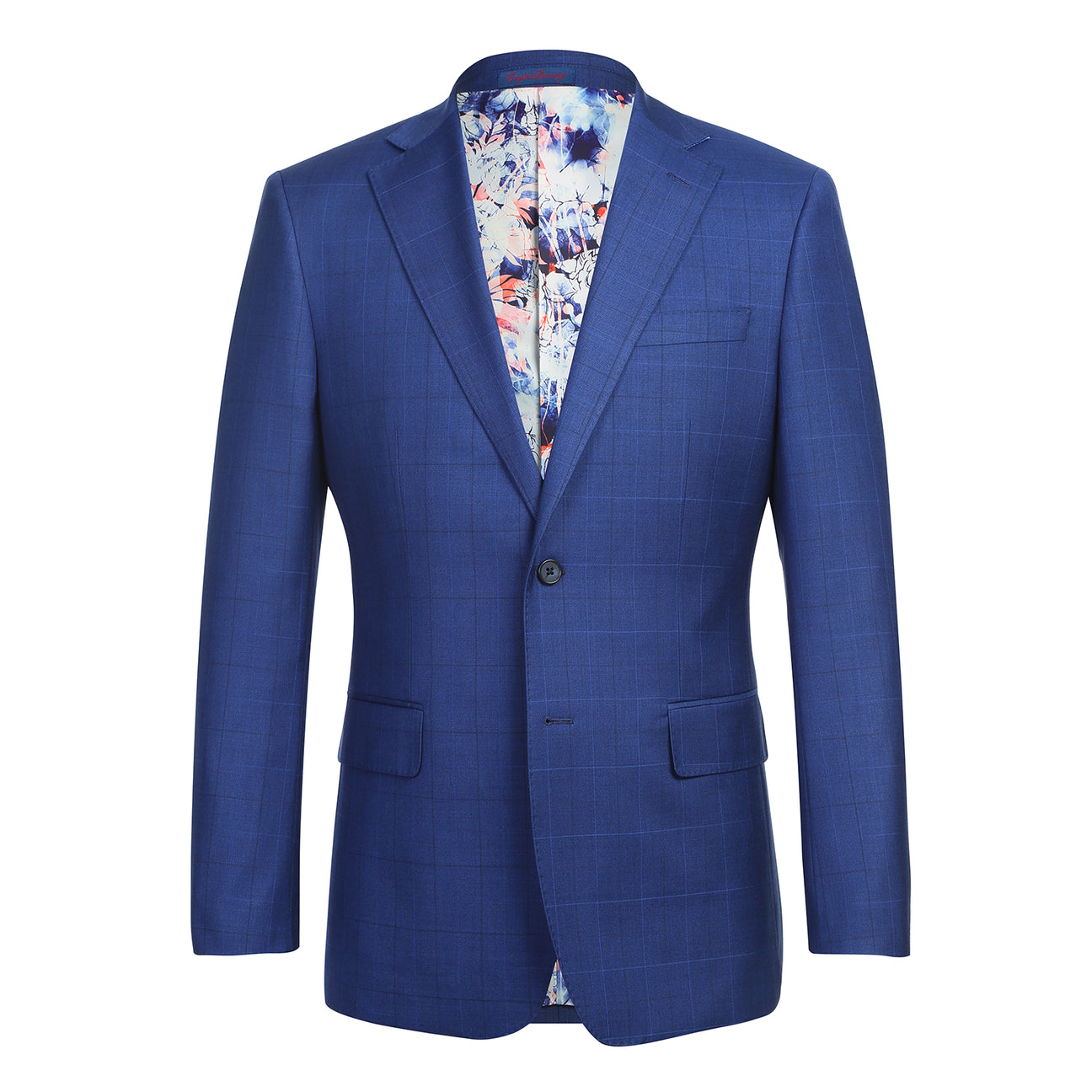 The ENGLISH LAUNDRY Royal Blue Check Suit 12-52-412EL by English Laundry features a slim fit jacket with notch lapels, styled on a mannequin with a white dress shirt and red patterned tie.