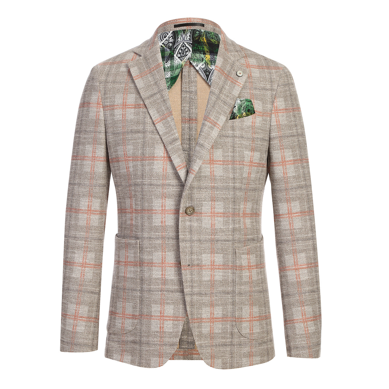 Pellagio Men's Half Canvas Blazer Beige PS25-1 is displayed on a mannequin with orange accents, notched lapel, white dress shirt, blue striped tie, and green patterned pocket square. Brand: Pellagio.