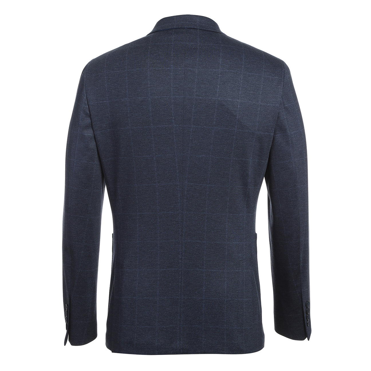 The Pellagio Riserva JKT Blazer PF24-6 by Pellagio is a dark blue plaid blazer with spandex for stretch, featuring floral inner lining and a matching pocket square.