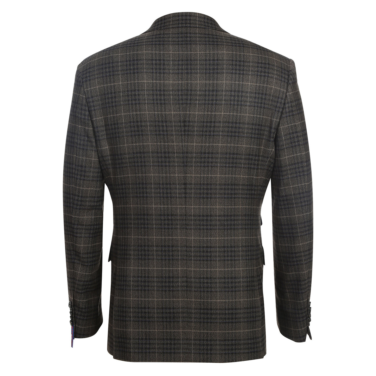 The mannequin is adorned in an English Laundry three-piece sand brown check suit, featuring a sleek jacket that drapes elegantly over a white dress shirt, complemented by a maroon polka dot tie.