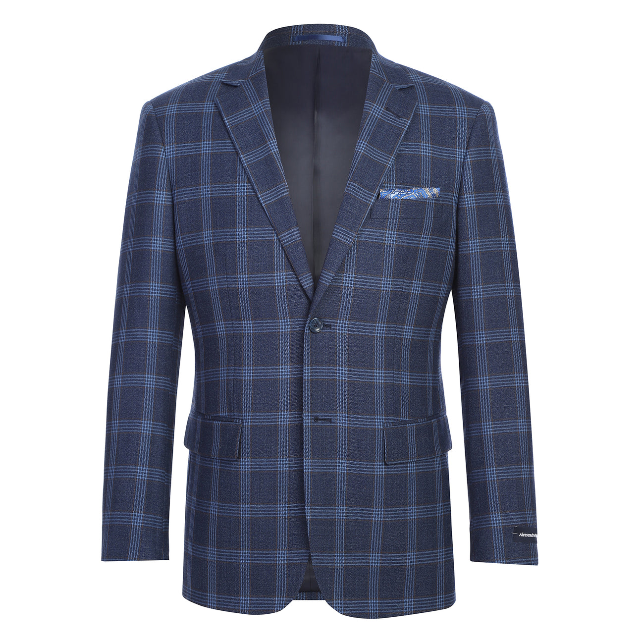 Renoir Alessandro Vitello New Slim Fit Wool Blue Blazer 567-5 features notch lapels, single-breasted style, and 100% wool. Shown with white shirt and striped tie; detail images highlight collar and inside label reading "Renoir.