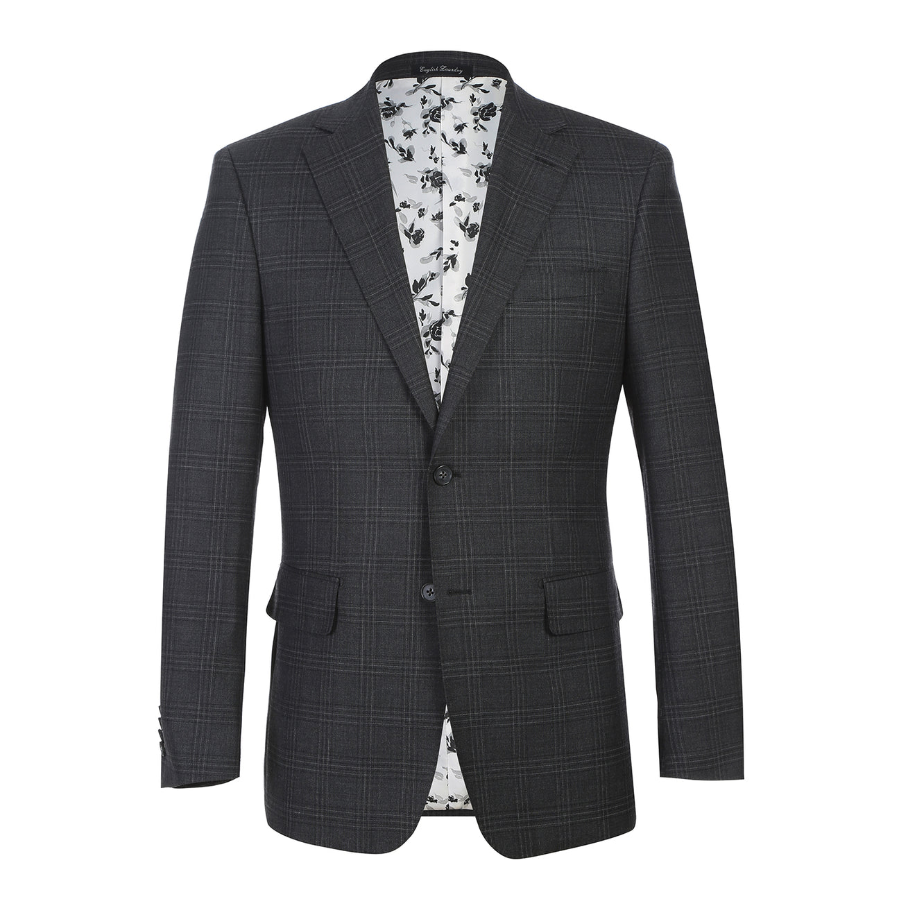 The ENGLISH LAUNDRY Dark Gray Check Suit EL12-58-095 by English Laundry is shown on a mannequin, styled with a white dress shirt and striped tie for a timeless men's suit ensemble.