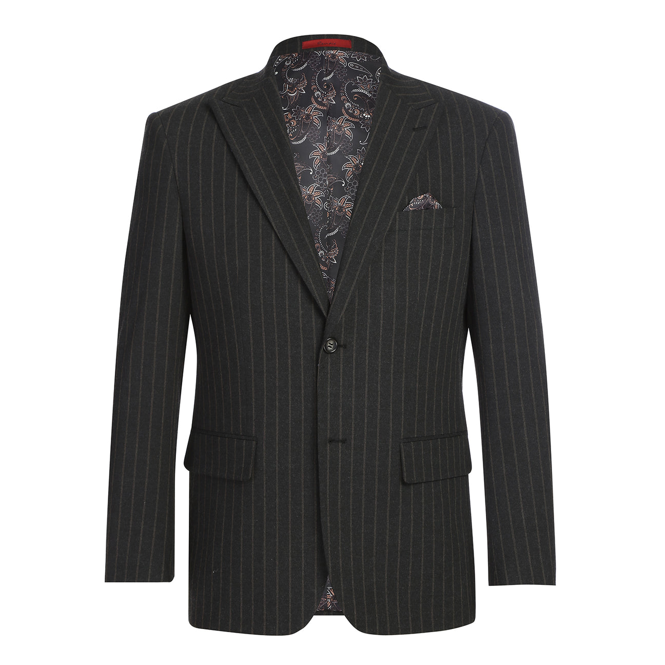 The Alessandro Vitello by Renoir New Slim Fit Suit 293-55 showcases a dark pinstripe, single-breasted jacket with notch lapels and side vents, paired with matching flat front pinstripe trousers.