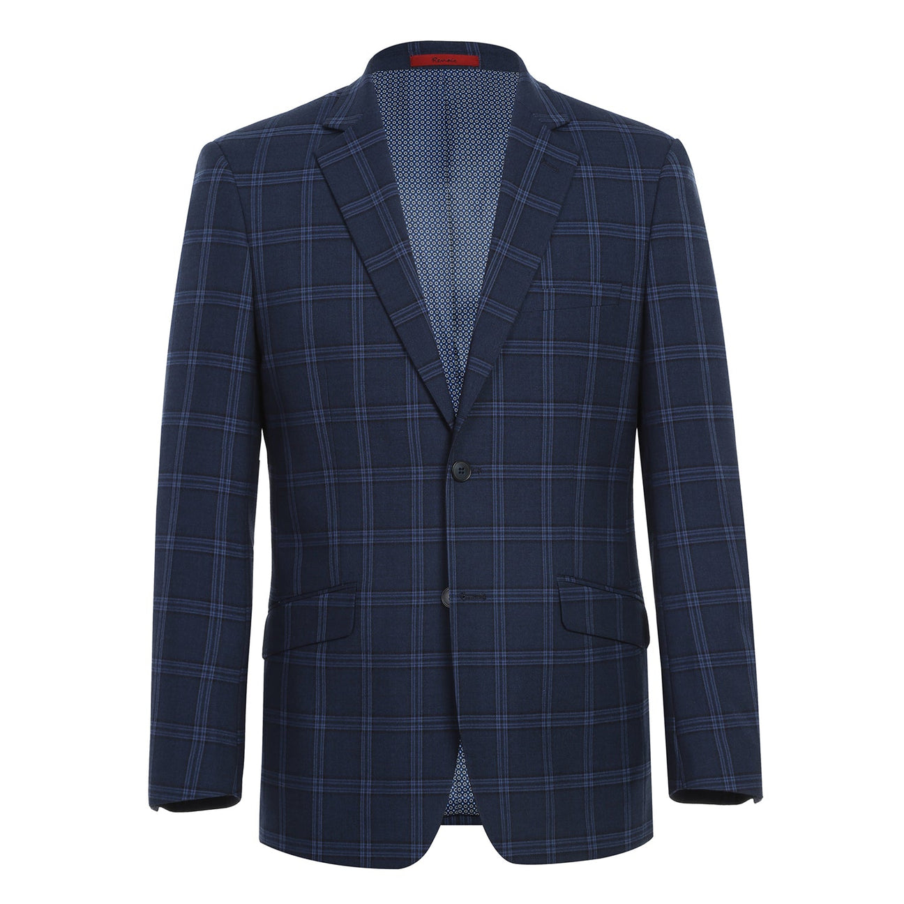 The Alessandro Vitello by Renoir Slim Fit Suit 293-22 features a navy plaid blazer on a mannequin with a white dress shirt, a burgundy polka dot tie, and flat front pants, complete with a notch lapel for sophistication.