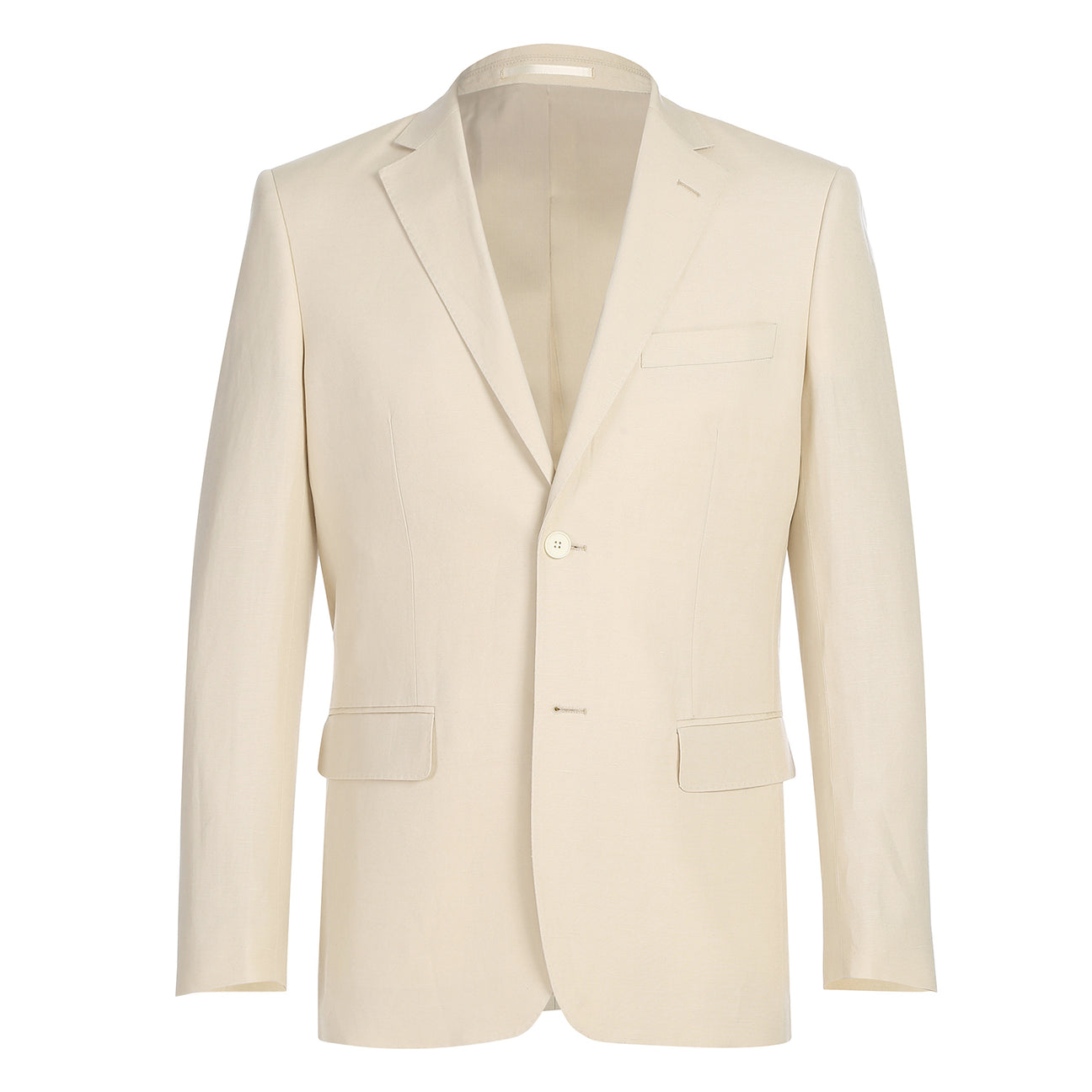 A chic champagne suit jacket from the Alessandro Vitello by Renoir collection, distinguished by a notch lapel and offering a new slim fit, pairs perfectly with a blue tie and crisp white shirt on the mannequin.