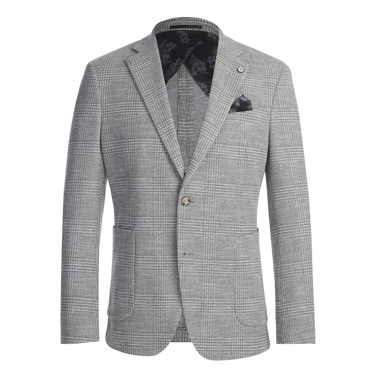 The Pellagio Light Gray Men's Slim Fit Riserva Jacket PS26-11 is styled on a mannequin with a white shirt, black tie, and black pocket square for a sleek look.