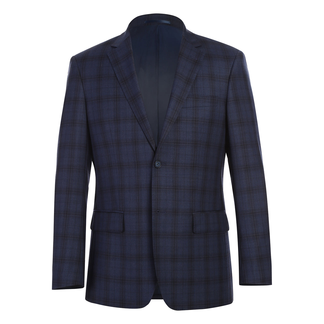 The Renoir Alessandro Vitello New Slim Fit Wool Navy Suit 566-14 is displayed on a mannequin, paired with a white dress shirt and dark patterned tie.